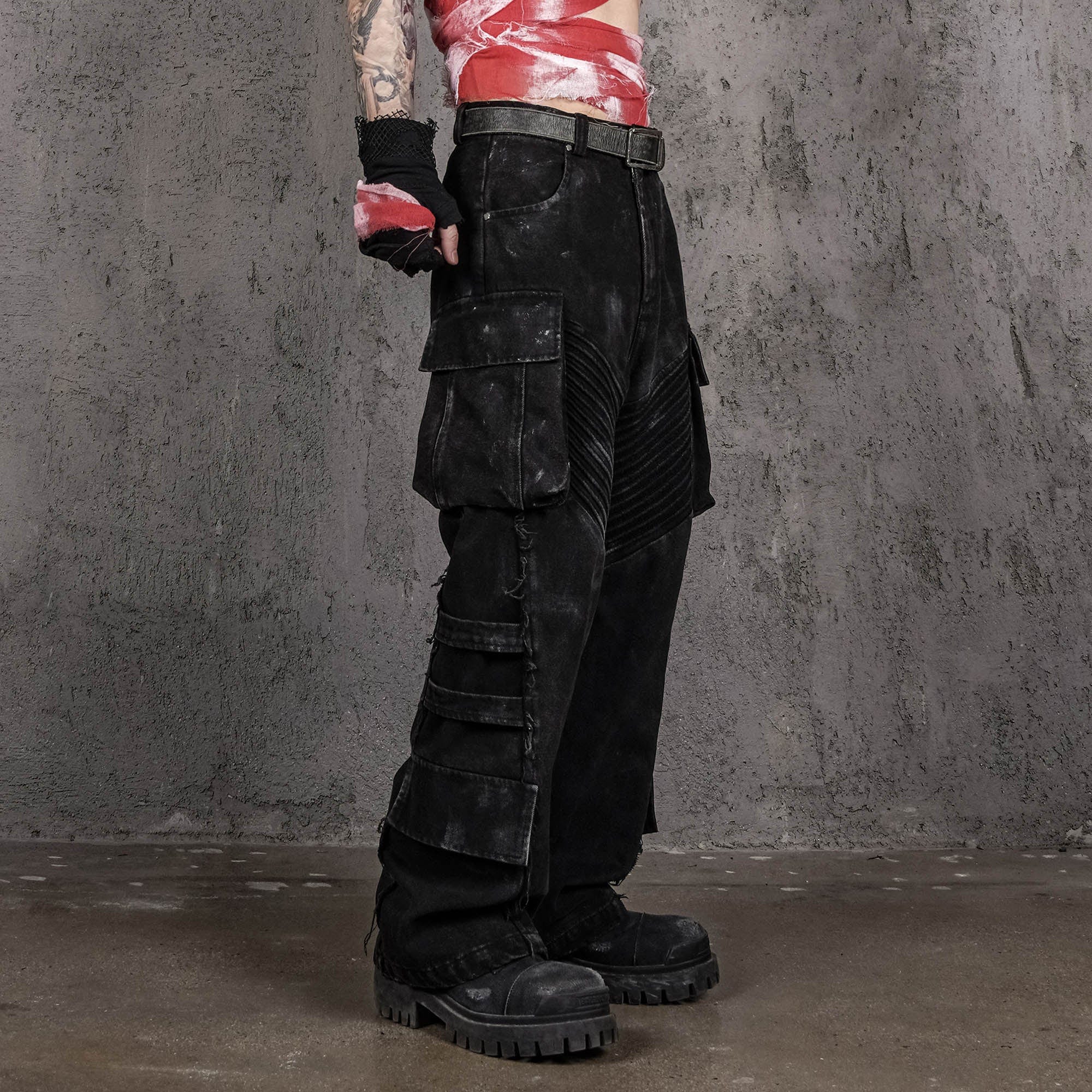 UNDERWATER Deconstructed Distressed Wanderer Multi-Pocket Jeans, premium urban and streetwear designers apparel on PROJECTISR.com, UNDERWATER