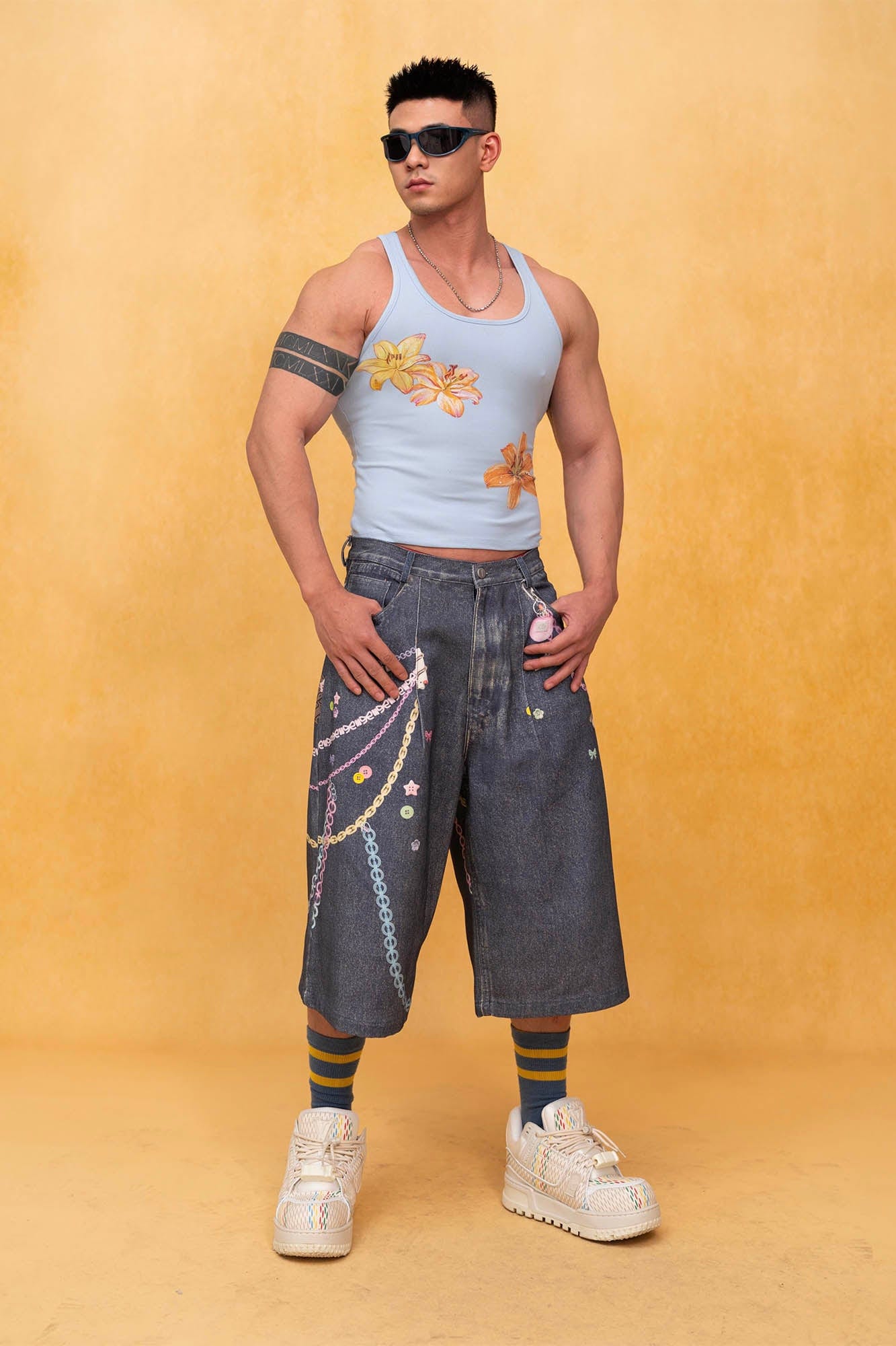 CLP Beaded Chain Graphics Wide-Leg Denim Shorts, premium urban and streetwear designers apparel on PROJECTISR.com, CLP