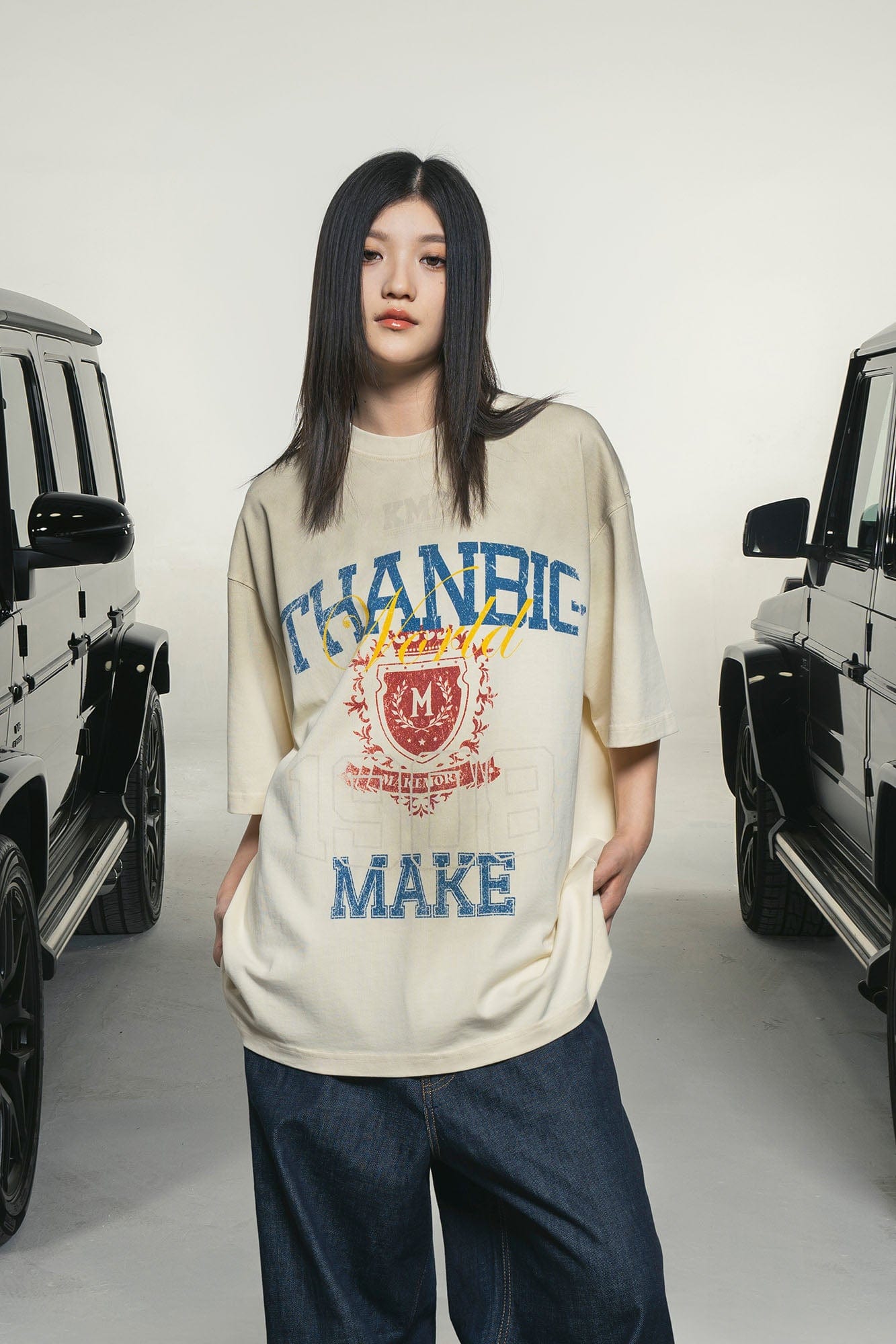 MAKEMORE Retro Distressed Gradient Graphics Oversized T-Shirt, premium urban and streetwear designers apparel on PROJECTISR.com, MAKEMORE