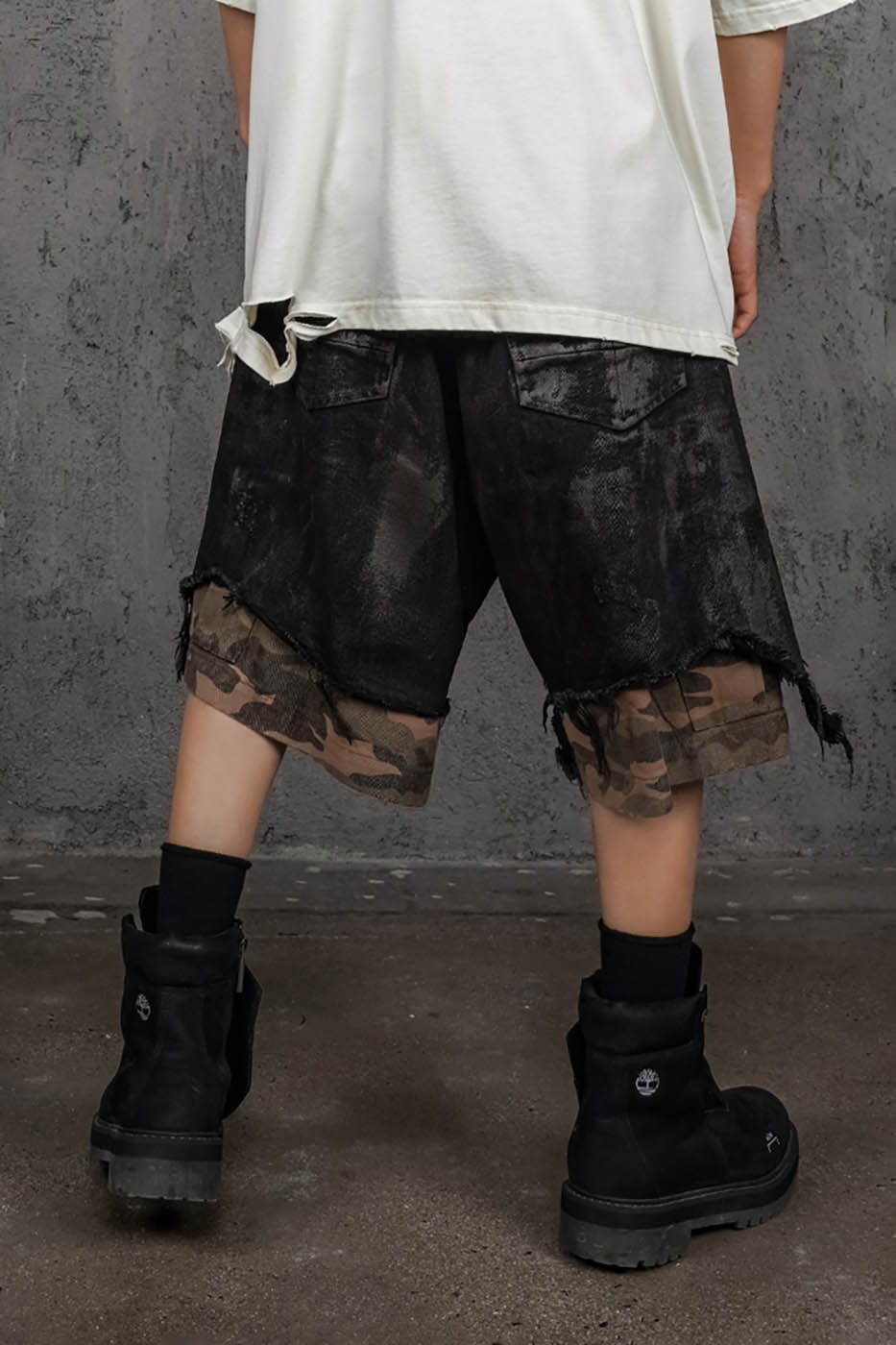 UNDERWATER Double-Layered Ripped Camo Shorts Black, premium urban and streetwear designers apparel on PROJECTISR.com, UNDERWATER