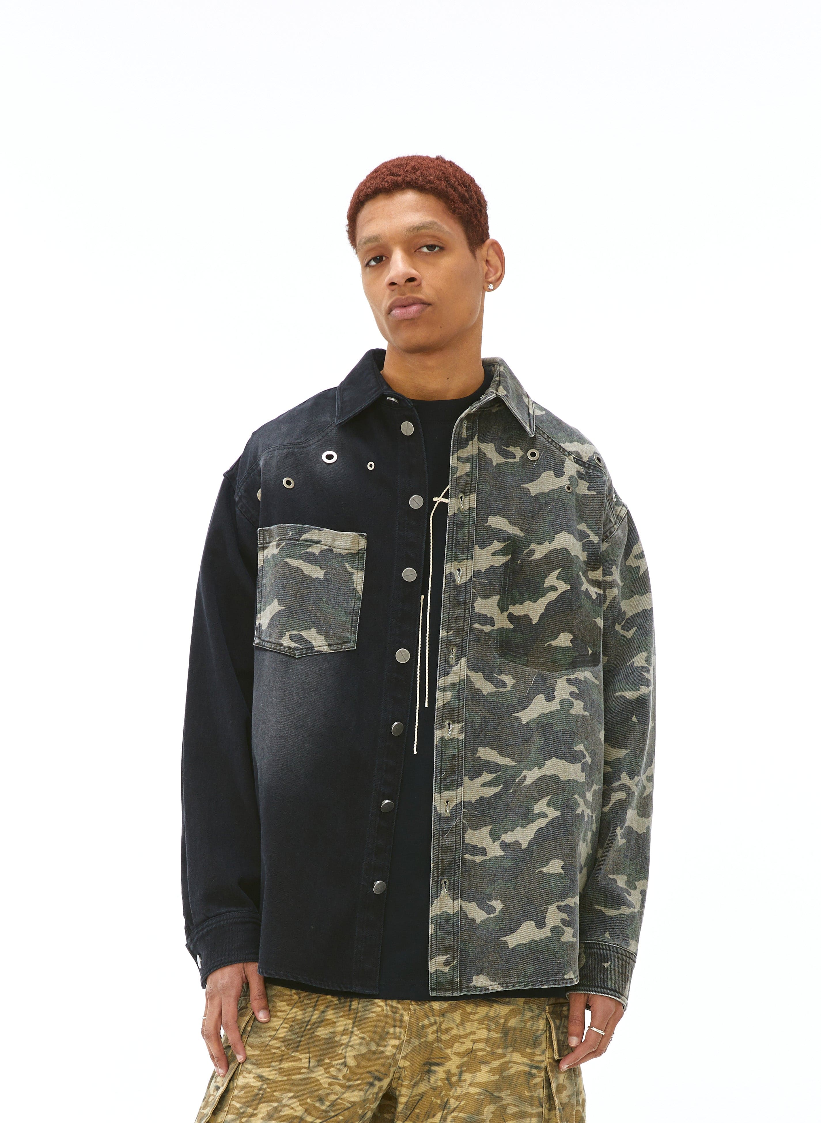 VANN VALRENCE Paneled Camo Denim Shirt