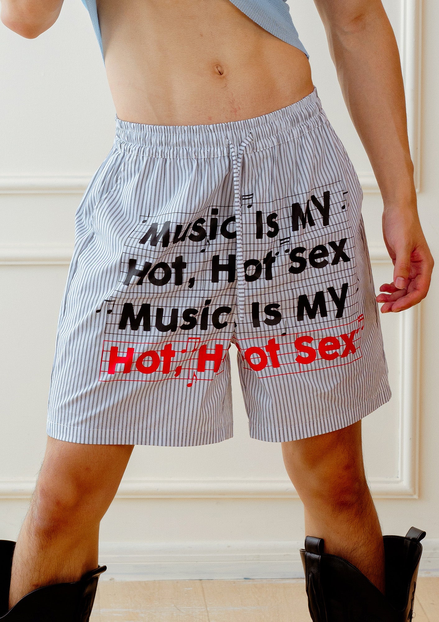 KADAKADA Stripe Slogan Graphic Lounge Shorts, premium urban and streetwear designers apparel on PROJECTISR.com, KADAKADA