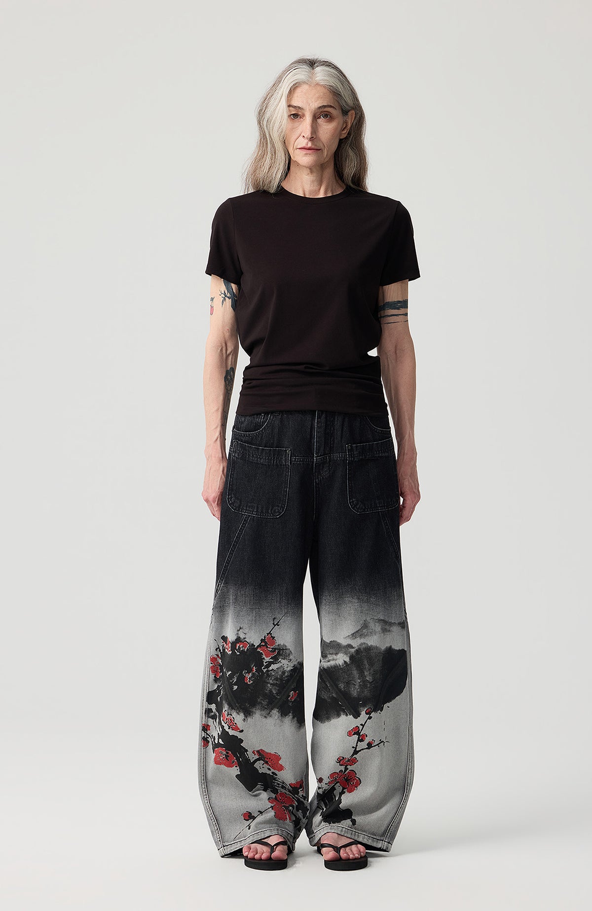 HAHAHA STUDIOS Ink Plum Blossom Washed Wide-Leg Jeans