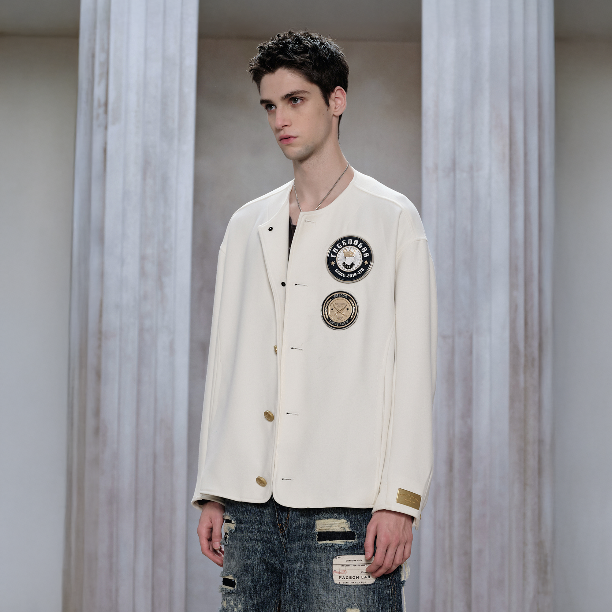 FACEONLAB Badge-Patch Crew-Neck Oversized Jacket