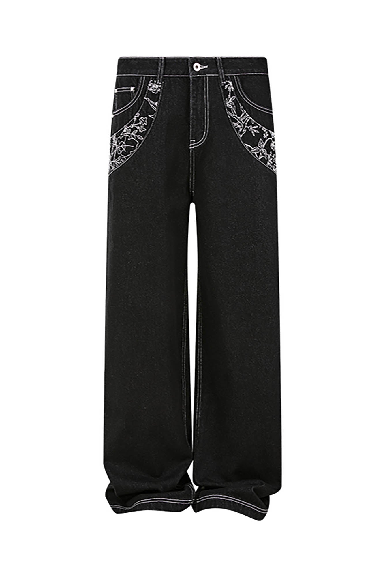 KREATE Floral Embroidered Spliced Wide-Leg Jeans, premium urban and streetwear designers apparel on PROJECTISR.com, KREATE