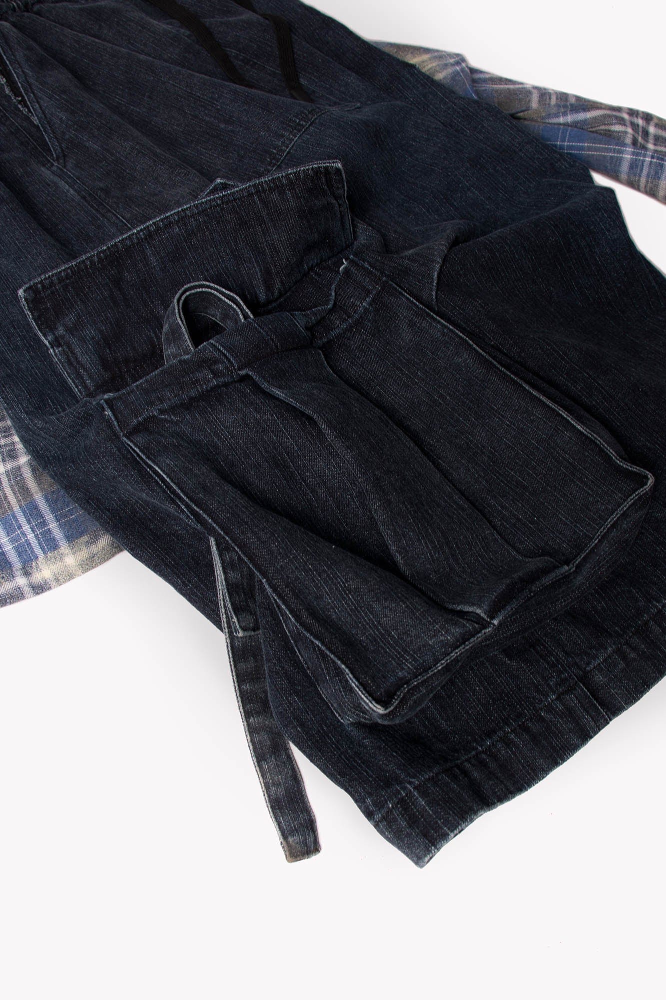 RELABEL Detachable Plaid Drape Denim Shorts, premium urban and streetwear designers apparel on PROJECTISR.com, RELABEL