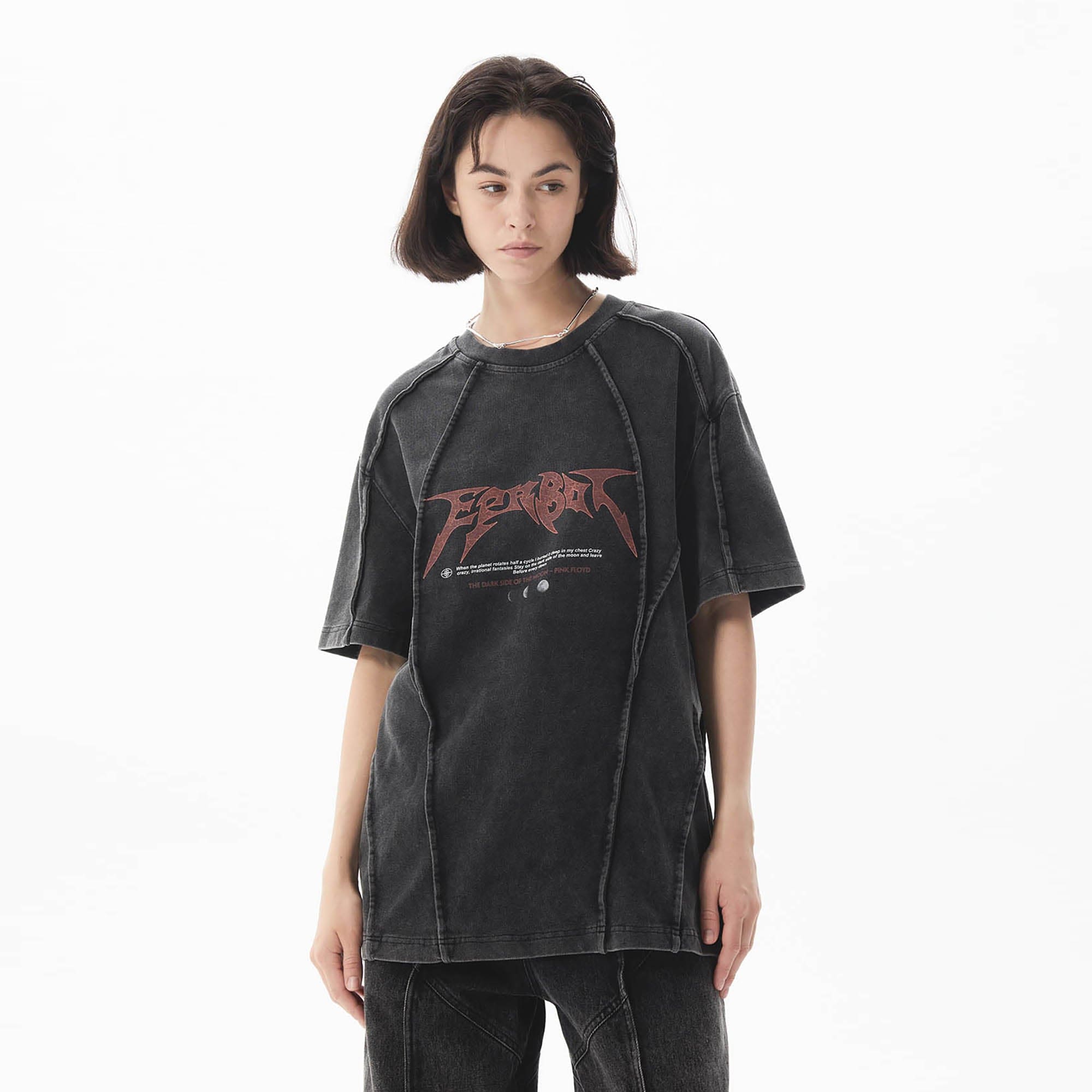 ERROR CODE ROBOT Mountain Moon Graphic Washed Spliced T-Shirt, premium urban and streetwear designers apparel on PROJECTISR.com, ERROR CODE ROBOT