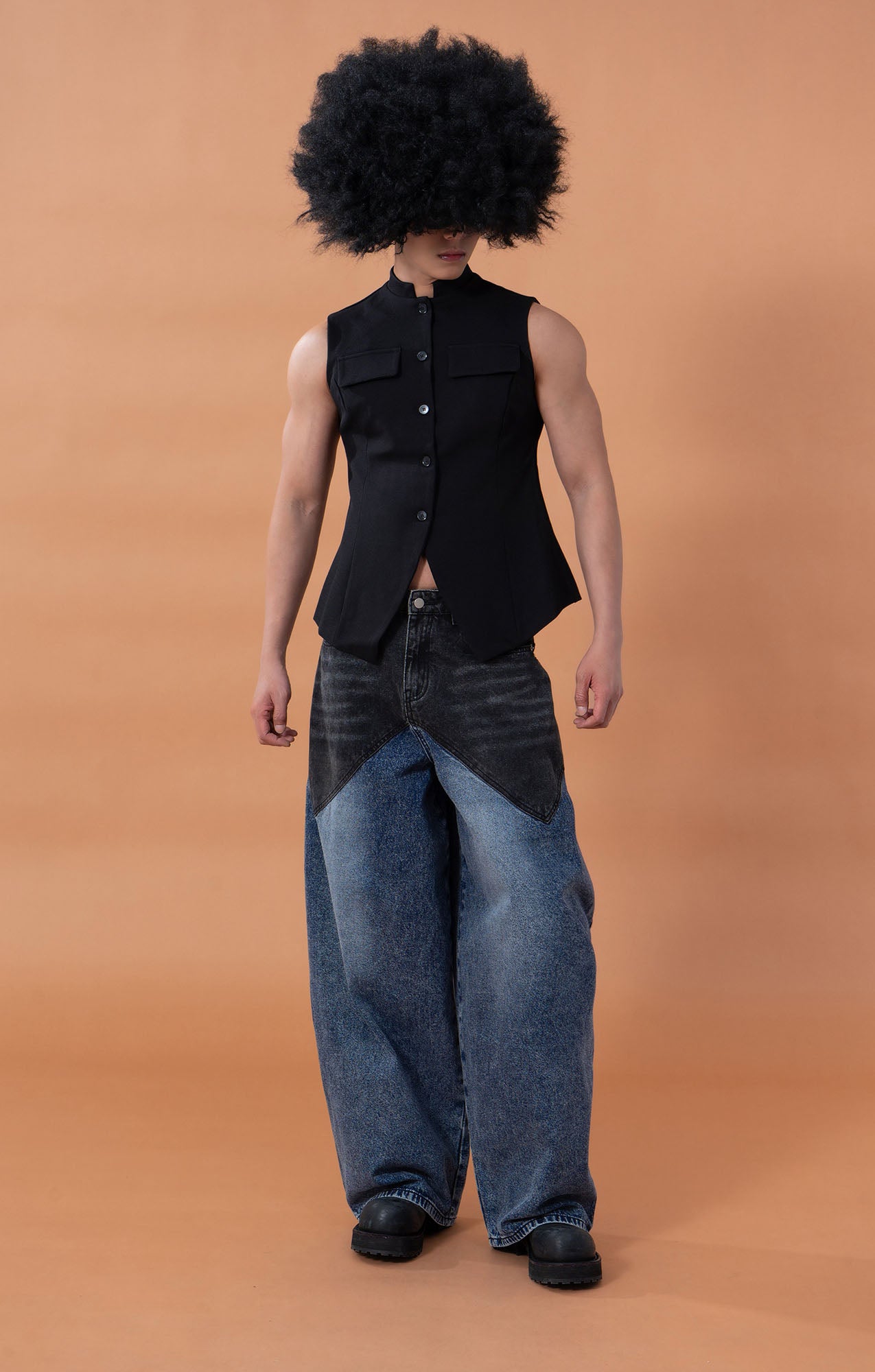 CLP Distressed Contrast-Panel Oversized Jeans, premium urban and streetwear designers apparel on PROJECTISR.com, CLP