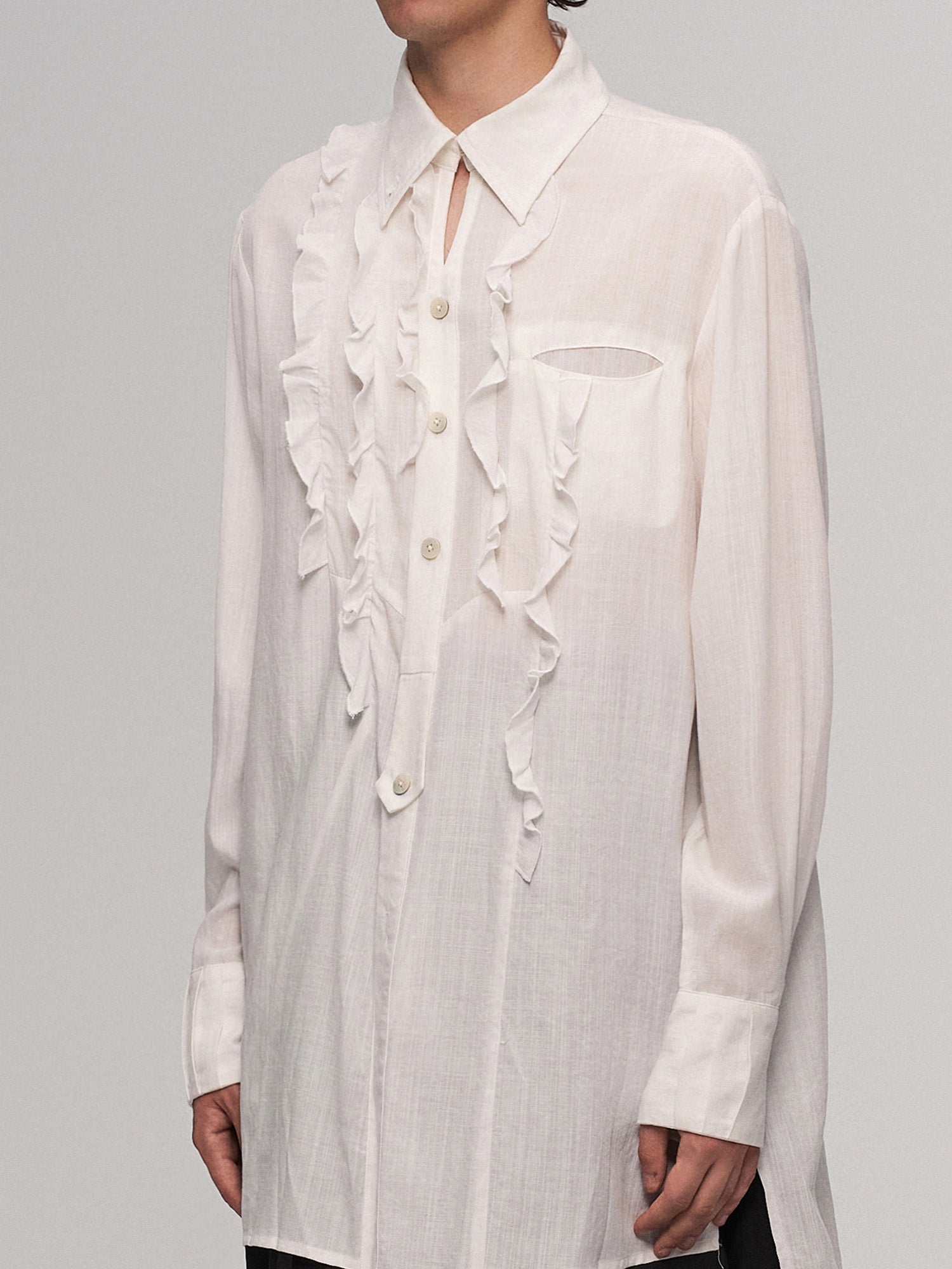 ILNya Nieternite Nifutur Sheer Ruffle Front Long Shirt