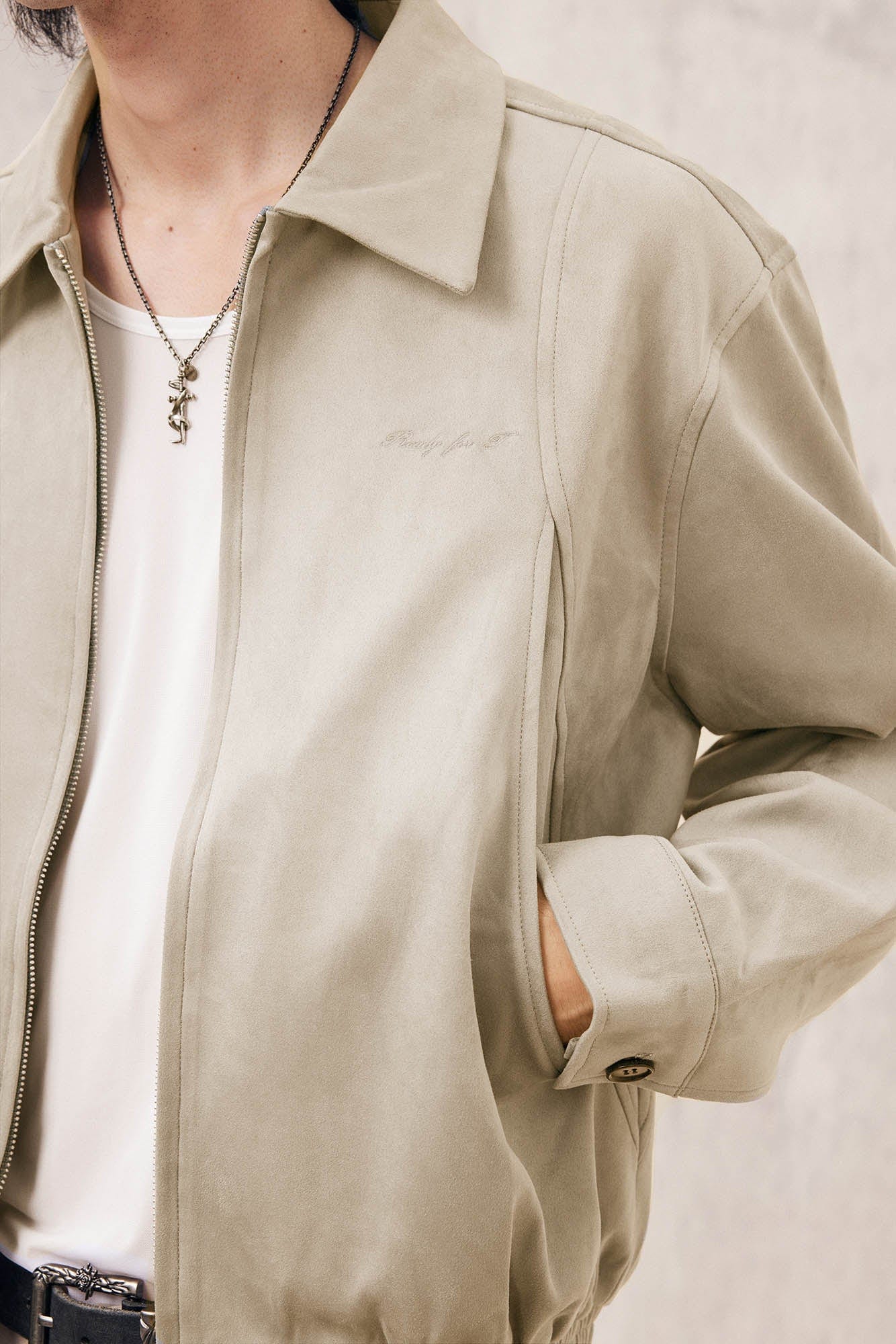 IN EXISTENCE Curved Spliced Smooth Harrington Jacket, premium urban and streetwear designers apparel on PROJECTISR.com, IN EXISTENCE
