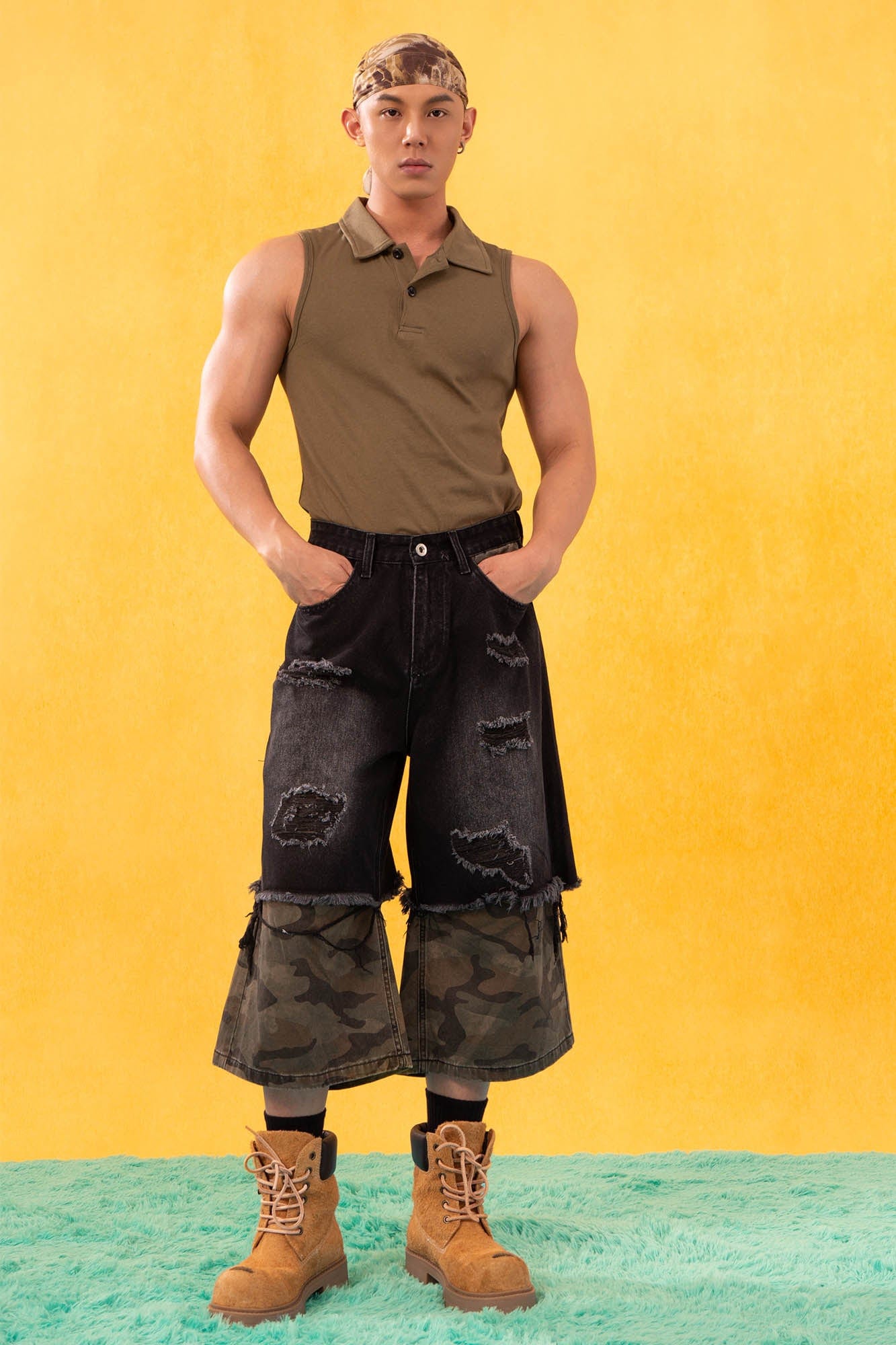 CLP Distressed Layered Camo Cargo Shorts, premium urban and streetwear designers apparel on PROJECTISR.com, CLP