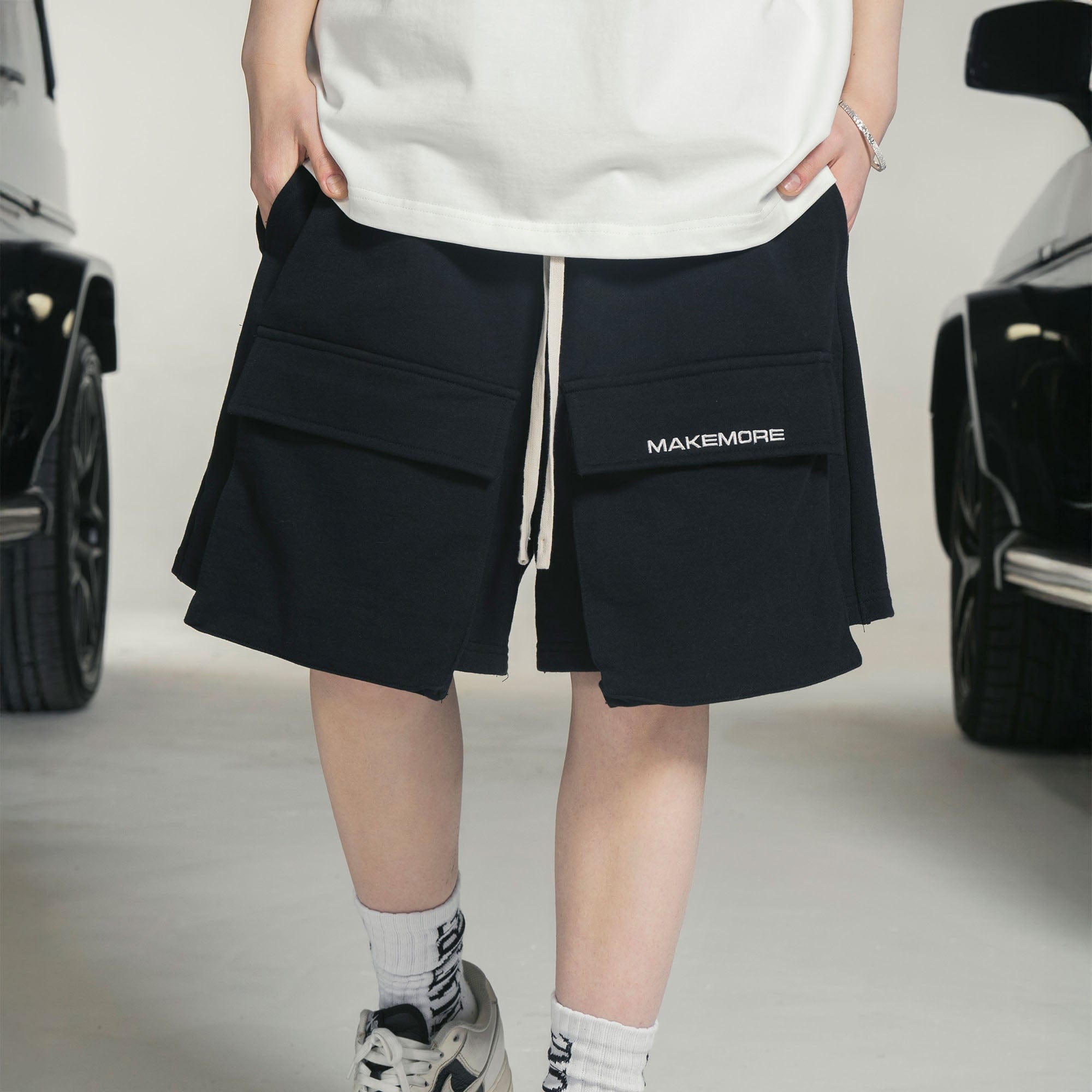 MAKEMORE Flap-Pocket Wide-Leg Drawstring Shorts, premium urban and streetwear designers apparel on PROJECTISR.com, MAKEMORE