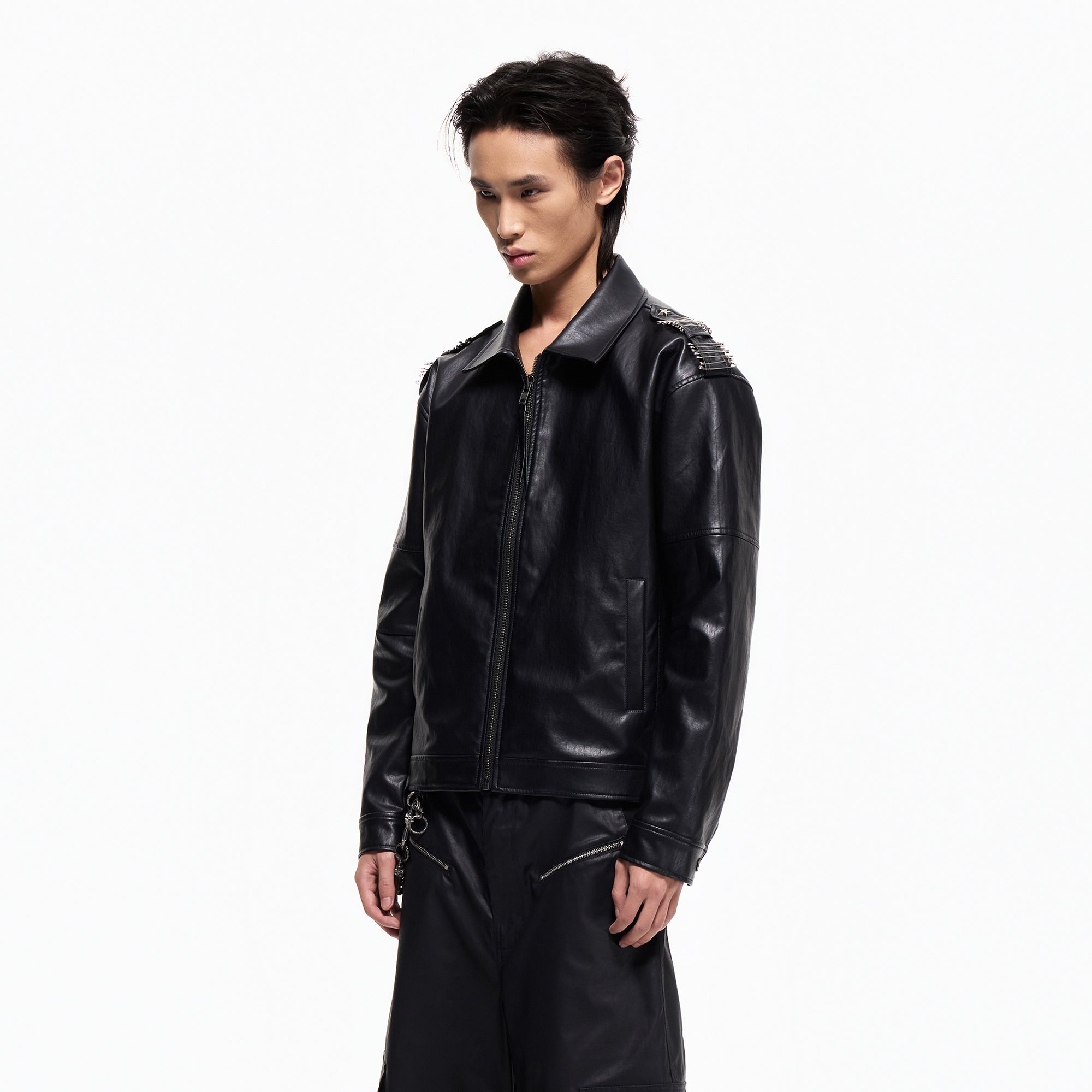 2000RSK Pin-Shoulder Faux Leather Biker Jacket