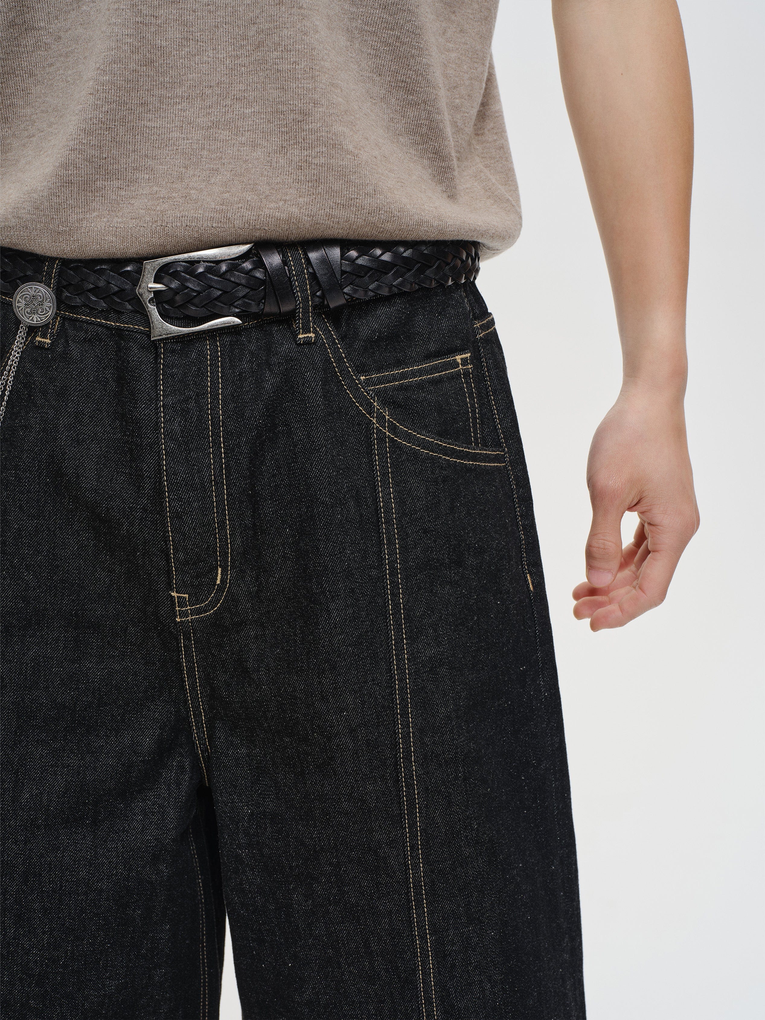 CATSSTAC Contrast Stitch Middle Spliced Raw Denim Jeans, premium urban and streetwear designers apparel on PROJECTISR.com, CATSSTAC