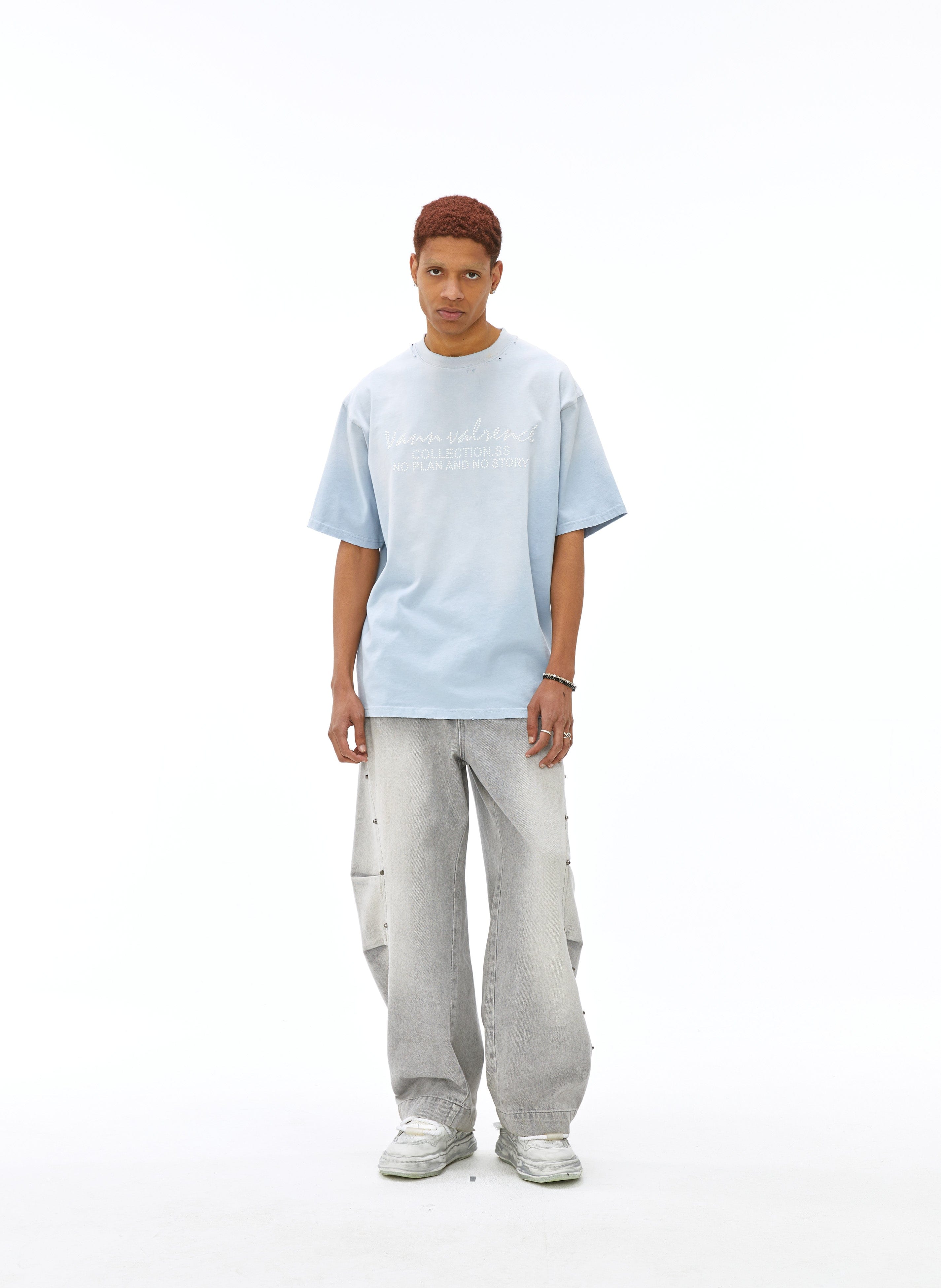 VANN VALRENCE Washed Riveted Curved-Seam Denim Pants