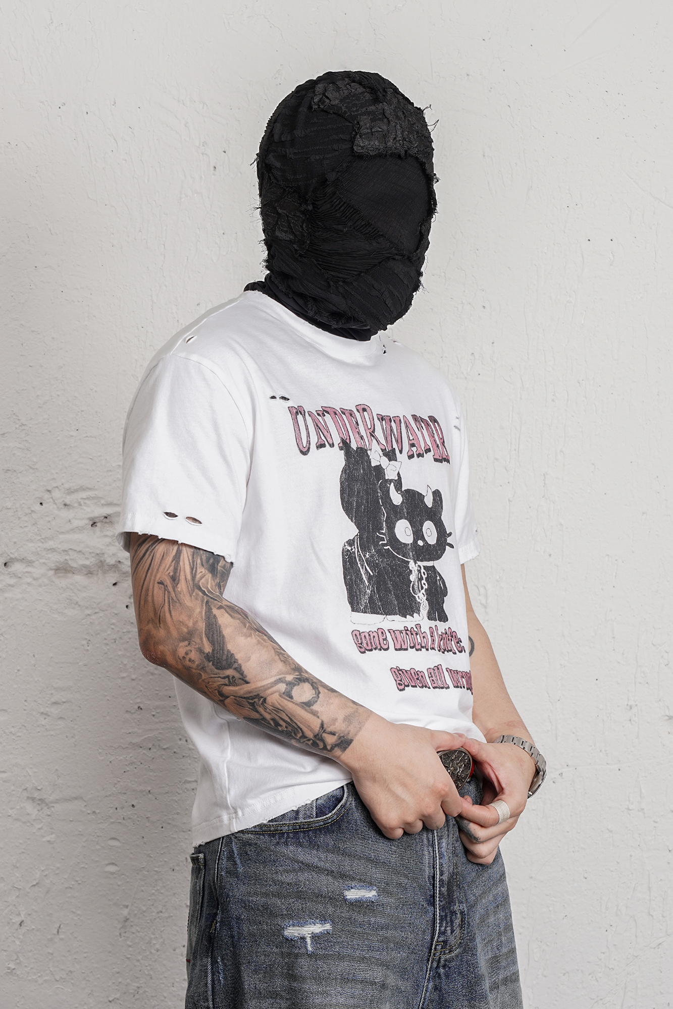 UNDERWATER Distressed Black Cat Graphic T-Shirt, premium urban and streetwear designers apparel on PROJECTISR.com, UNDERWATER