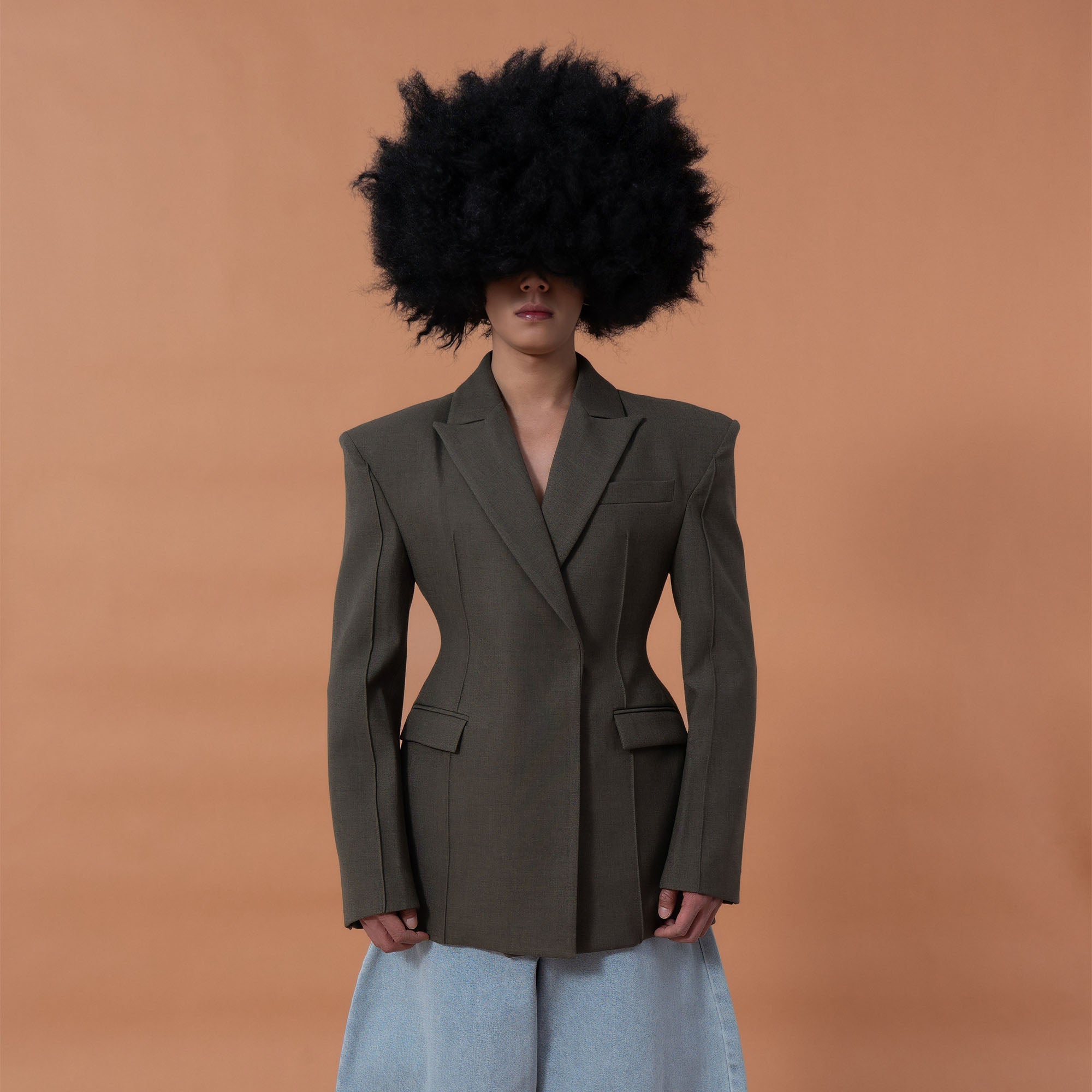 CLP Cinched-Waist Padded Shoulder Blazer Brown, premium urban and streetwear designers apparel on PROJECTISR.com, CLP