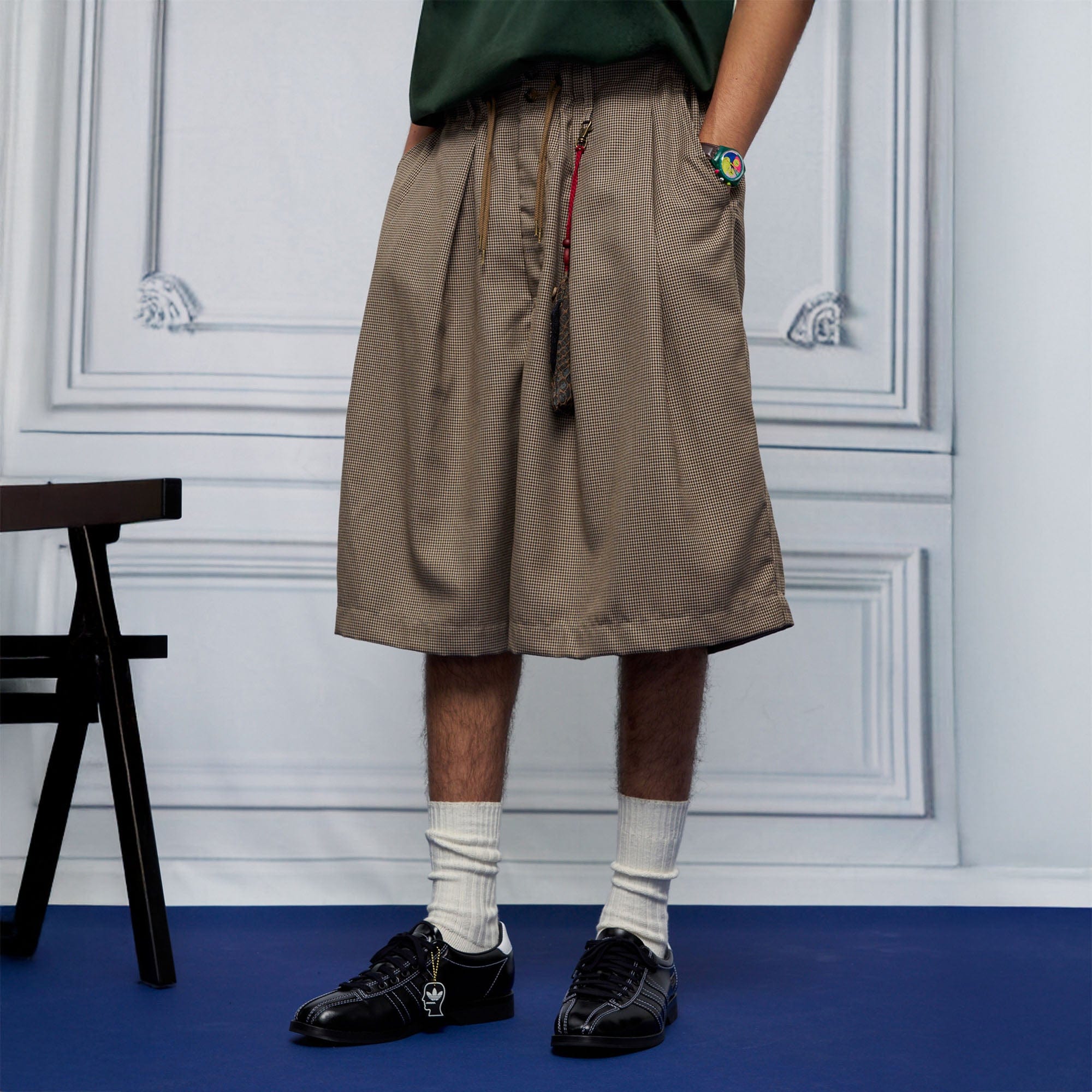 UNLIMITED MOTE Pleated Wide-Leg Drawstring Shorts Houndstooth, premium urban and streetwear designers apparel on PROJECTISR.com, UNLIMITED MOTE