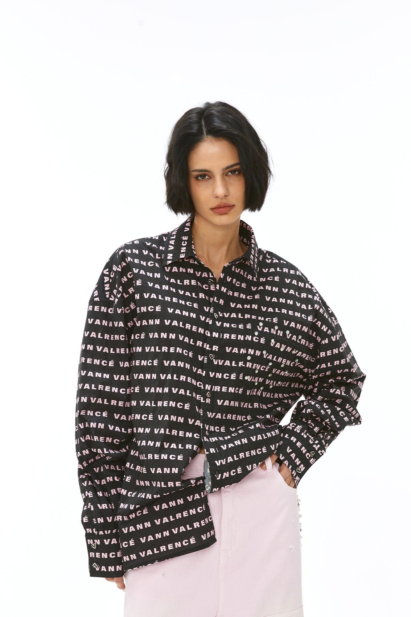 VANN VALRENCE Monogram Crystal-Studded Oversized Shirt, premium urban and streetwear designers apparel on PROJECTISR.com, VANN VALRENCE
