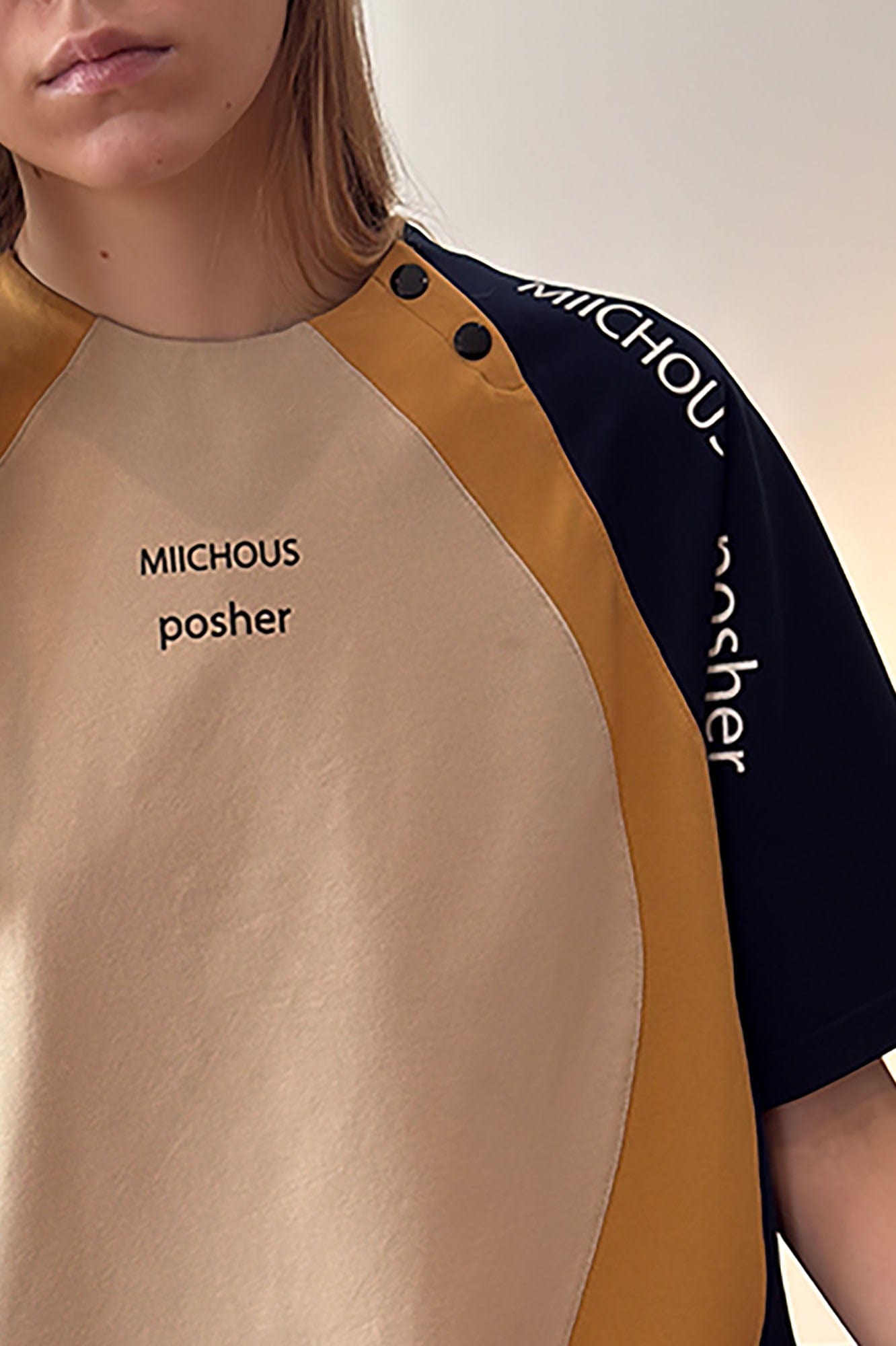 MIICHOUS Curve Spliced Button-Neck Raglan T-Shirt, premium urban and streetwear designers apparel on PROJECTISR.com, Miichous