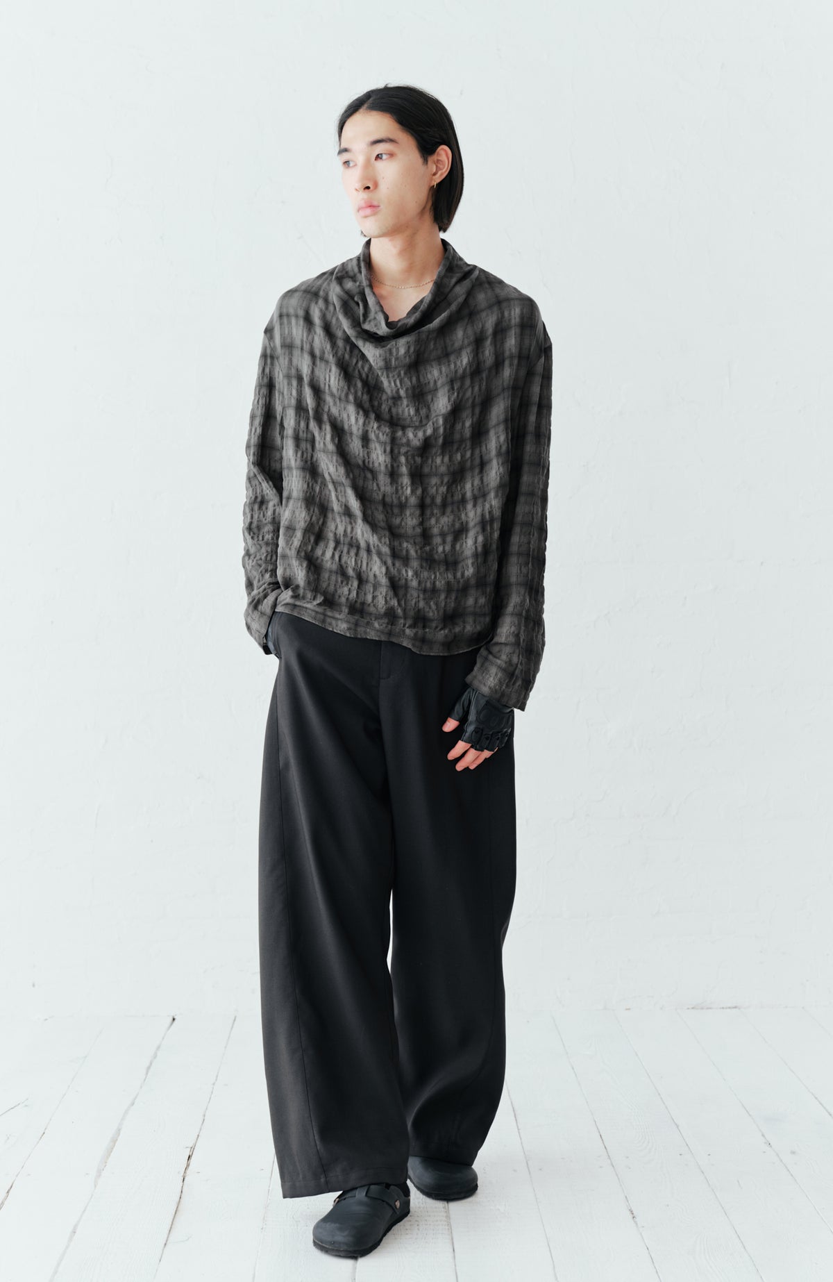 GRAINMUSTARD Plaid Crinkled Cowl Neck Shirt