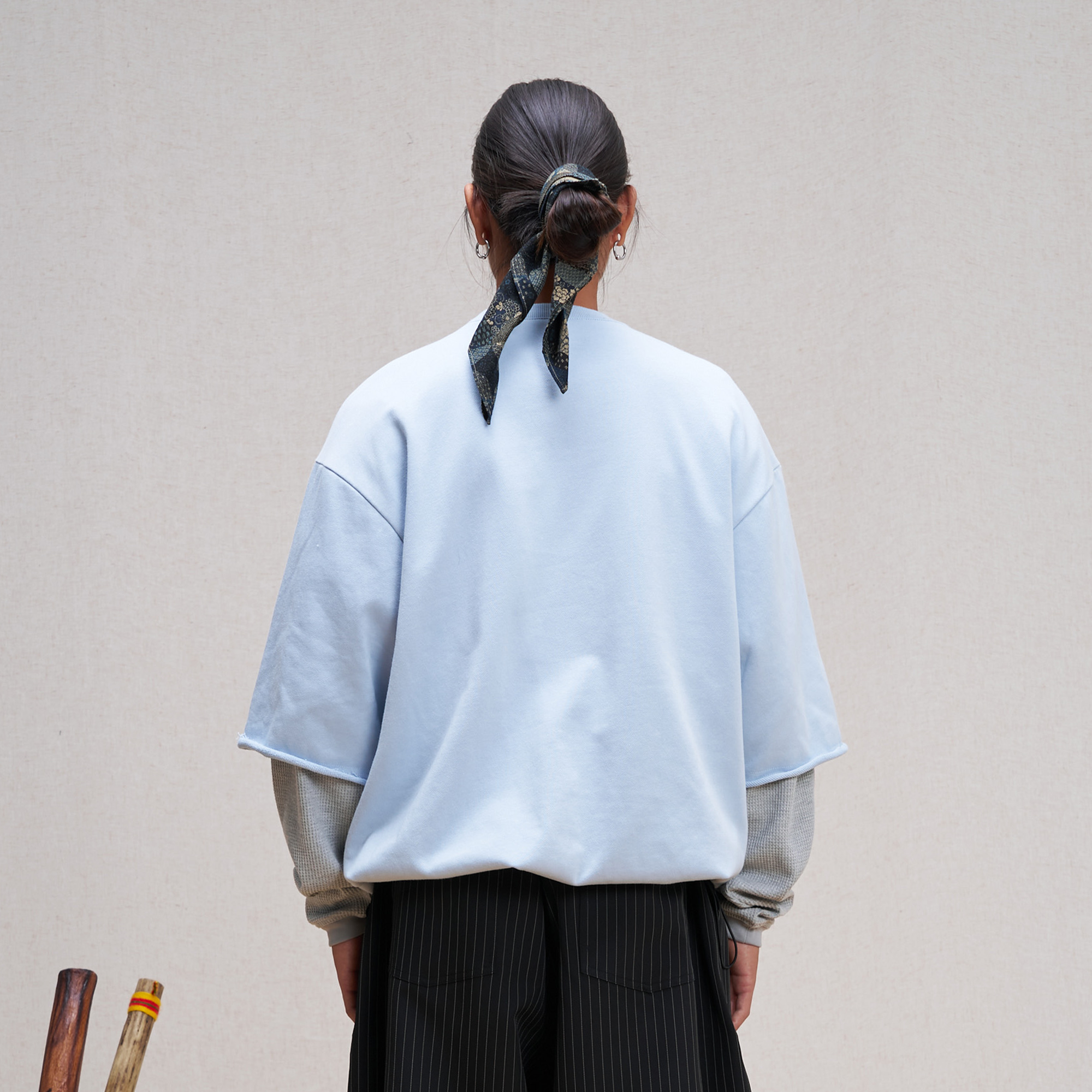UNLIMITED MOTE Waffle Sleeve Layered Drawstring Hem Sweatshirt