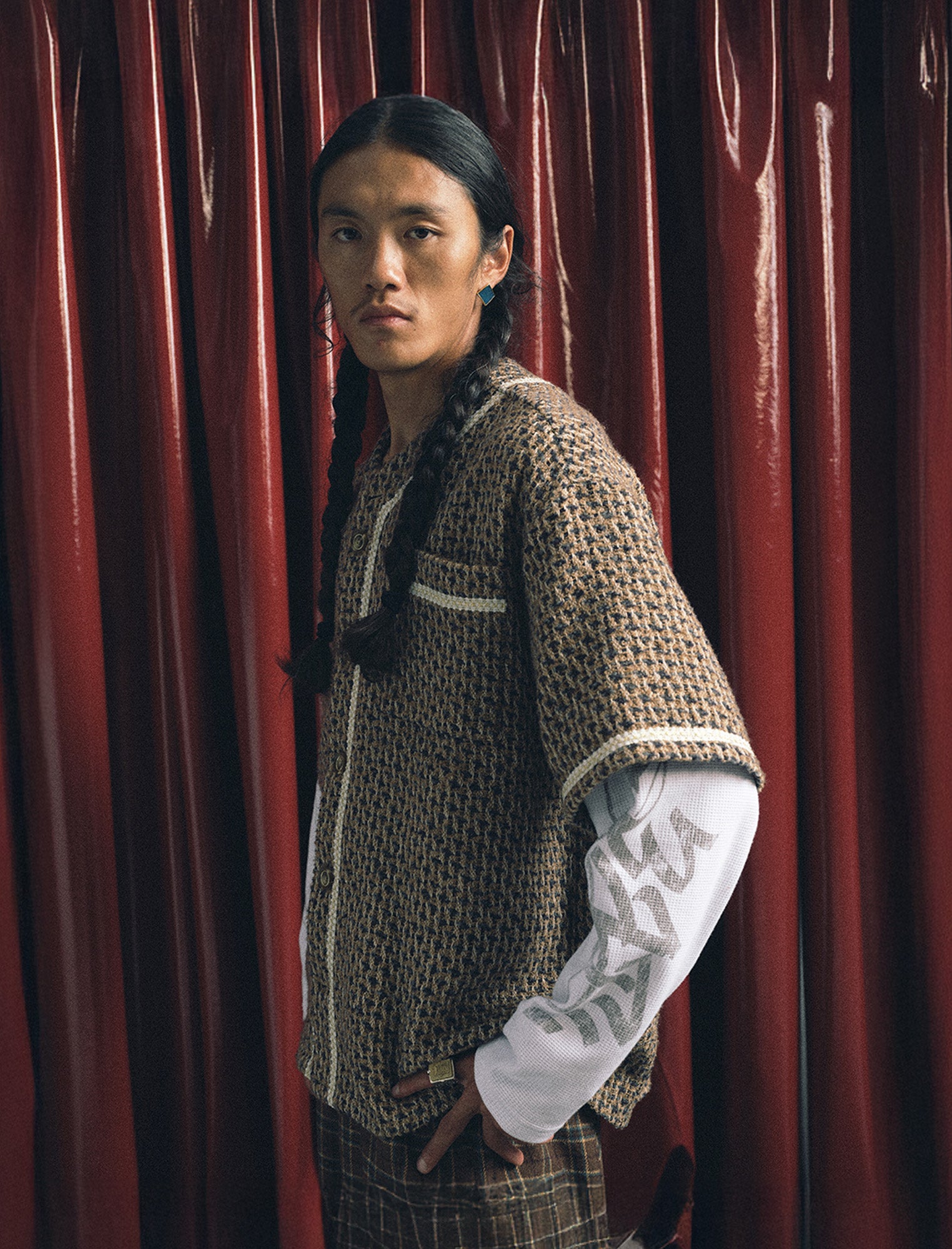 TRECLUB Tweed Layered Baseball Shirt