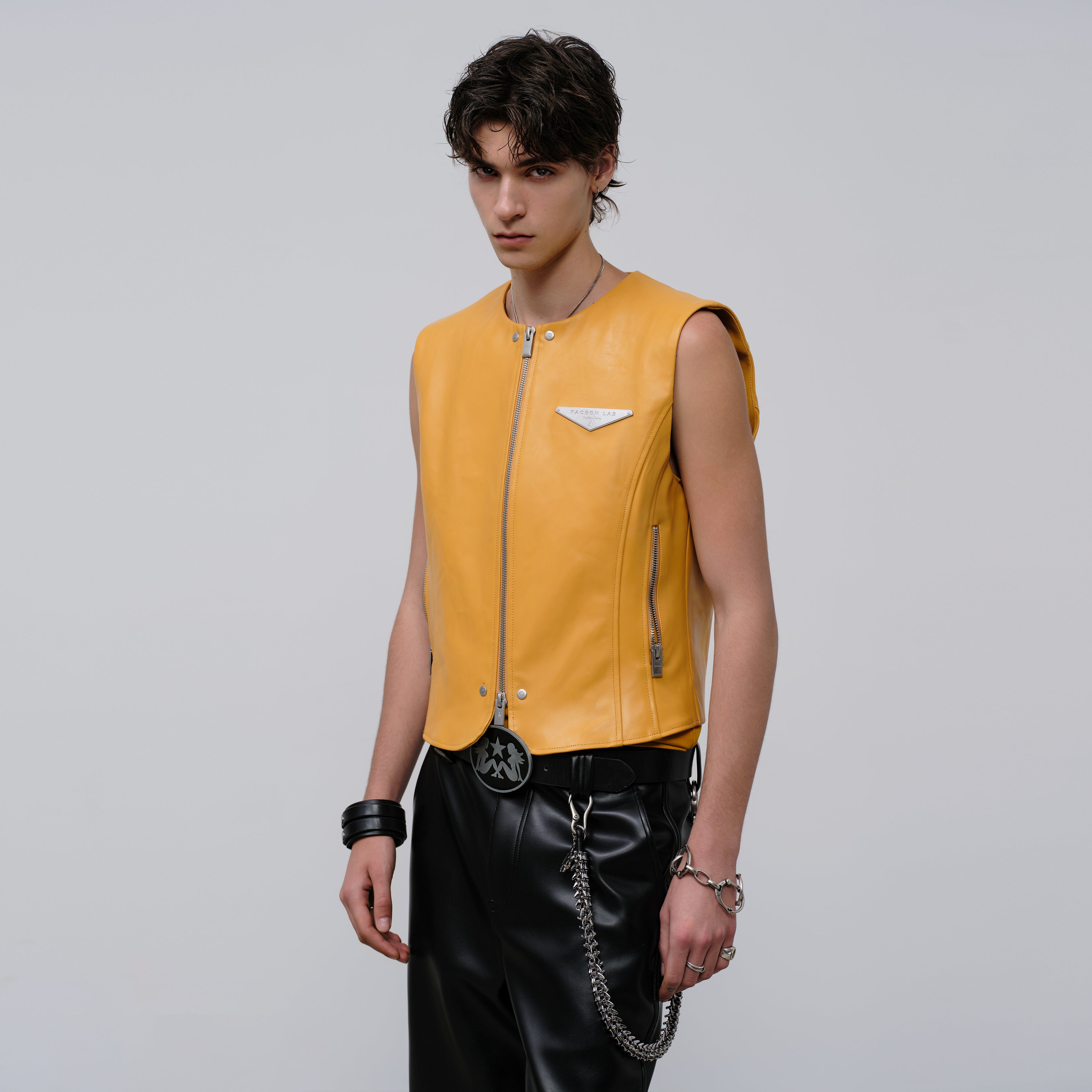 FACEONLAB Reversible Moto Leather Vest Orange, premium urban and streetwear designers apparel on PROJECTISR.com, FACEONLAB