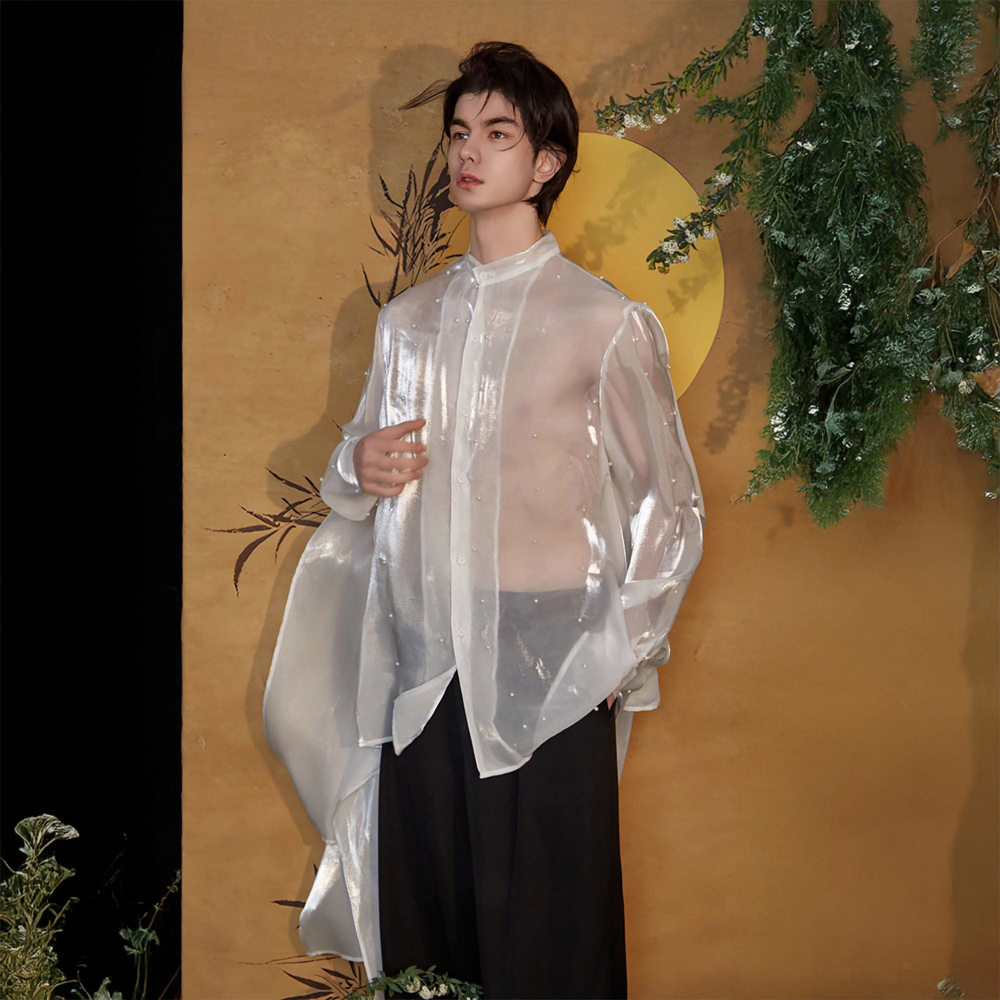JIECHI Pearl Embroidered Layered Ribbon Organza Shirt, premium urban and streetwear designers apparel on PROJECTISR.com, JIECHI