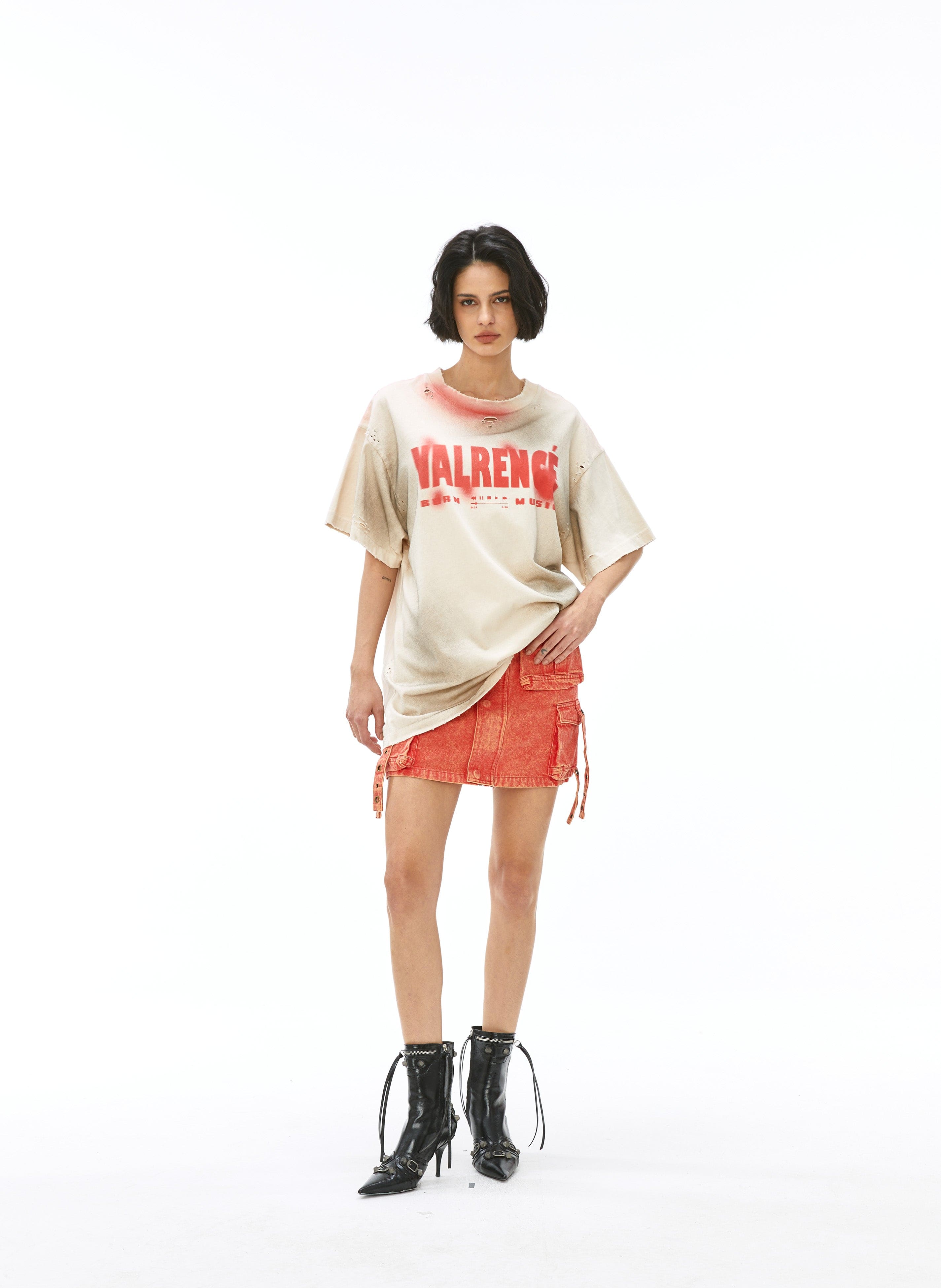 VANN VALRENCE Distressed Washed Spray Faded LOGO T-Shirt