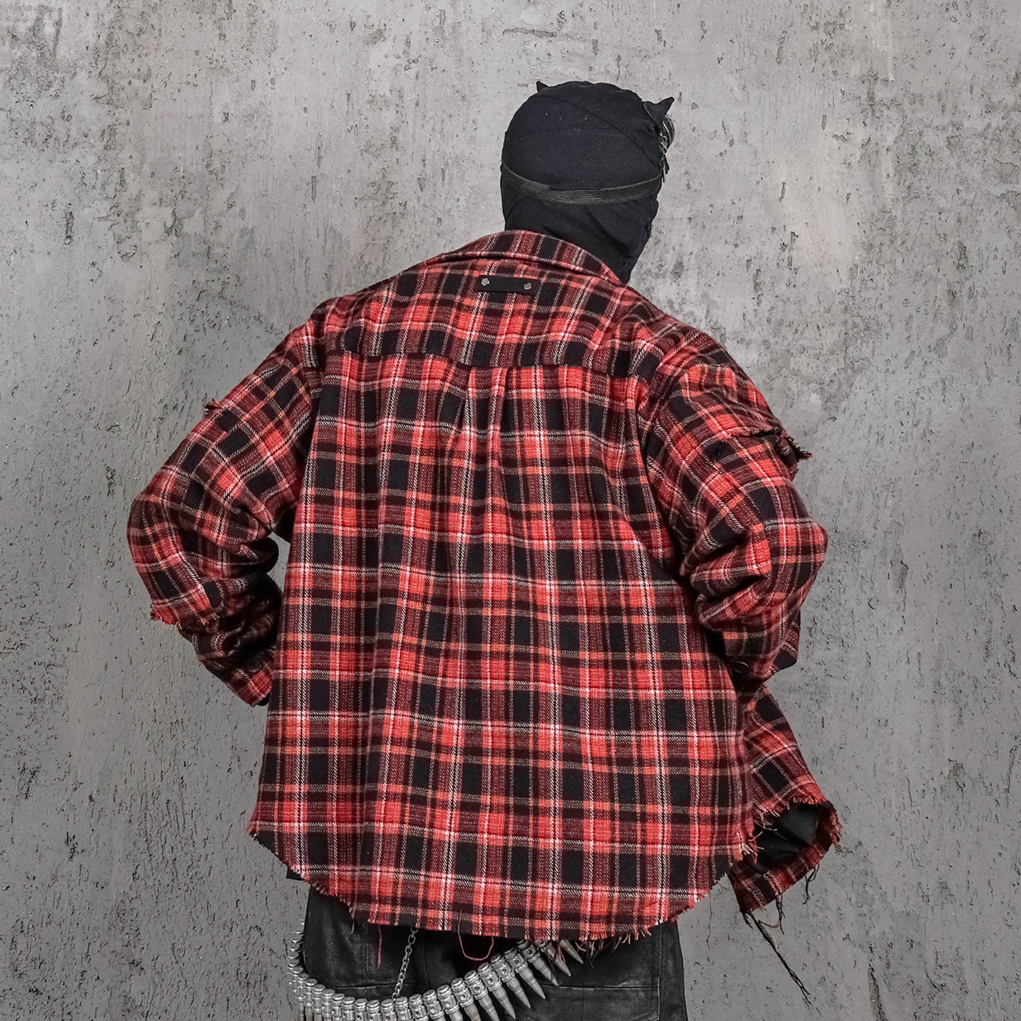 UNDERWATER Crimson Ruin Distressed Plaid Shirt Jacket, premium urban and streetwear designers apparel on PROJECTISR.com, UNDERWATER