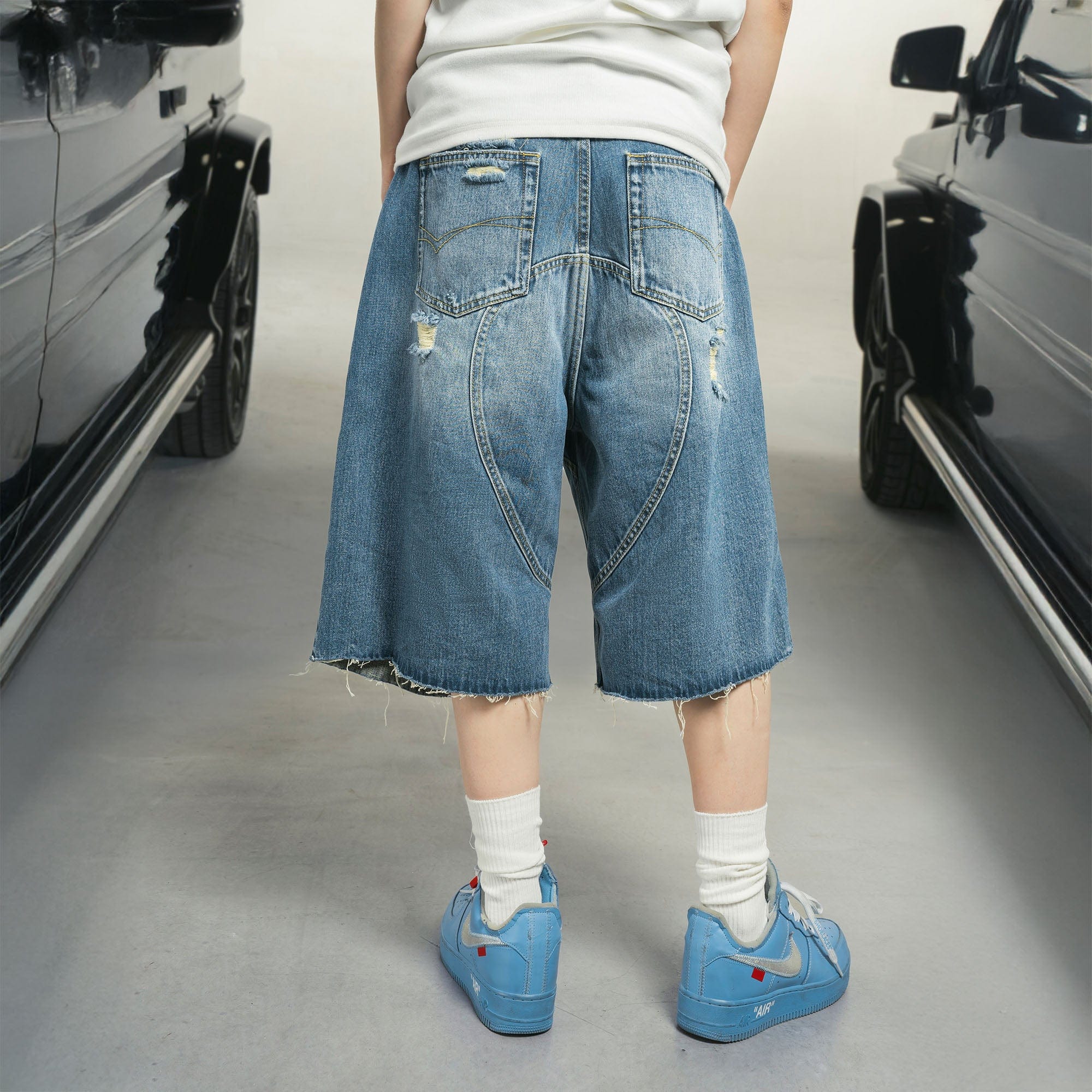 MAKEMORE Distressed Arc Spliced Ripped Denim Shorts, premium urban and streetwear designers apparel on PROJECTISR.com, MAKEMORE