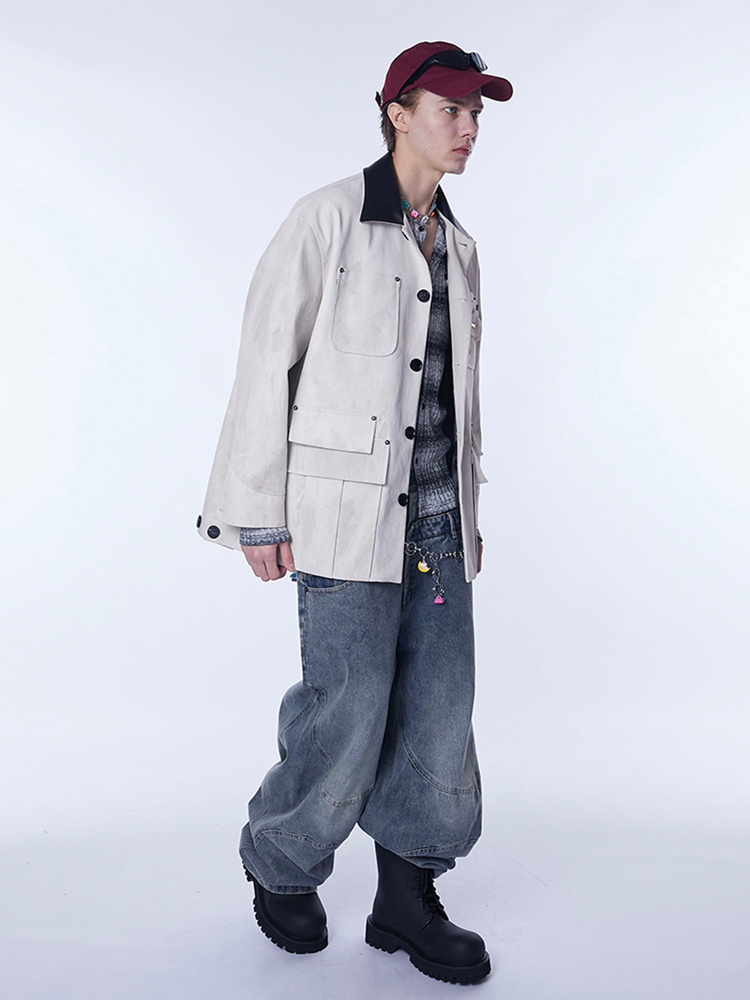 ASSEEN Distressed Panel Leather Collar Barn Jacket, premium urban and streetwear designers apparel on PROJECTISR.com, ASSEEN