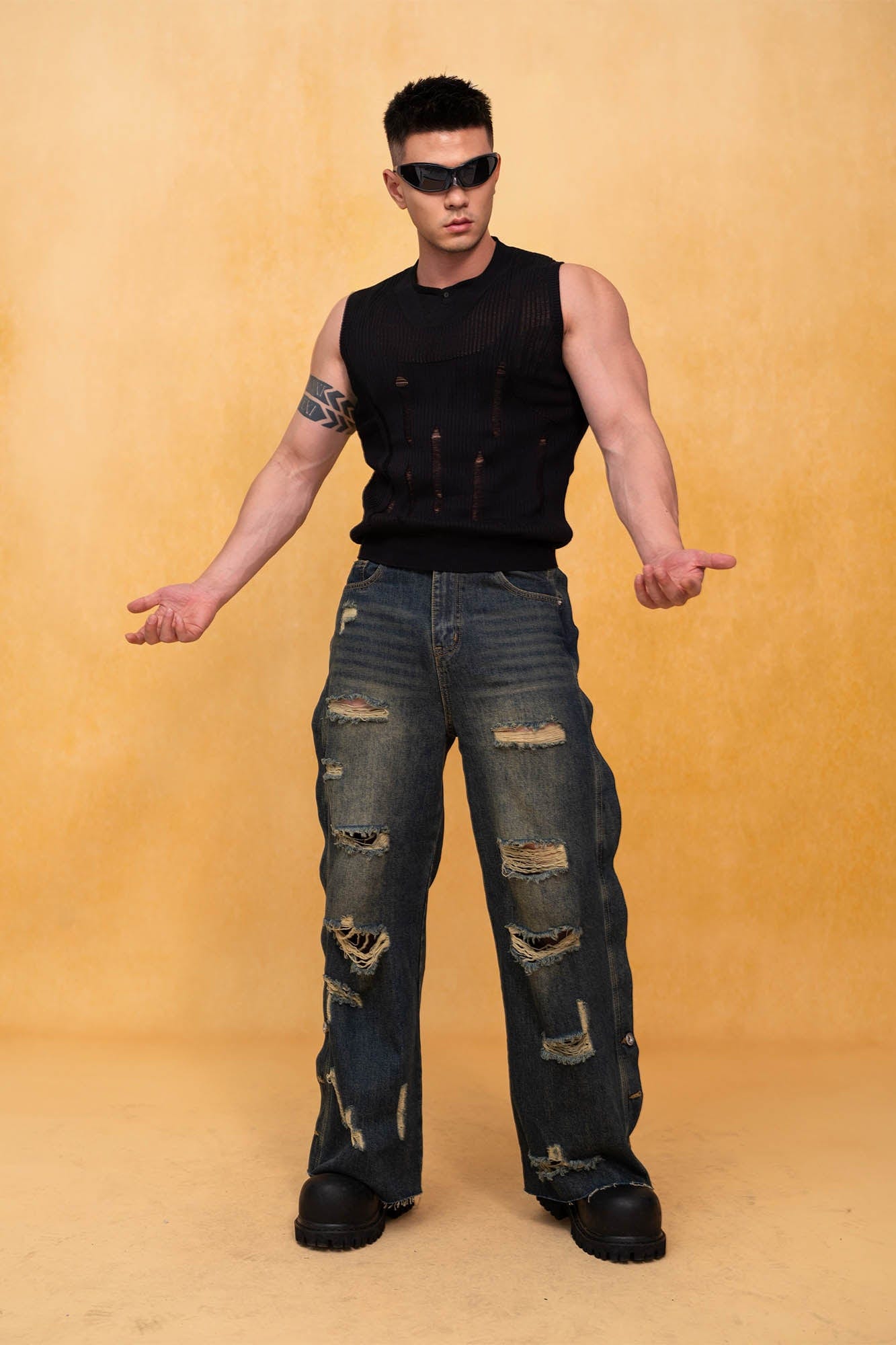 CLP Distressed Buttoned Wide-Leg Jeans, premium urban and streetwear designers apparel on PROJECTISR.com, CLP