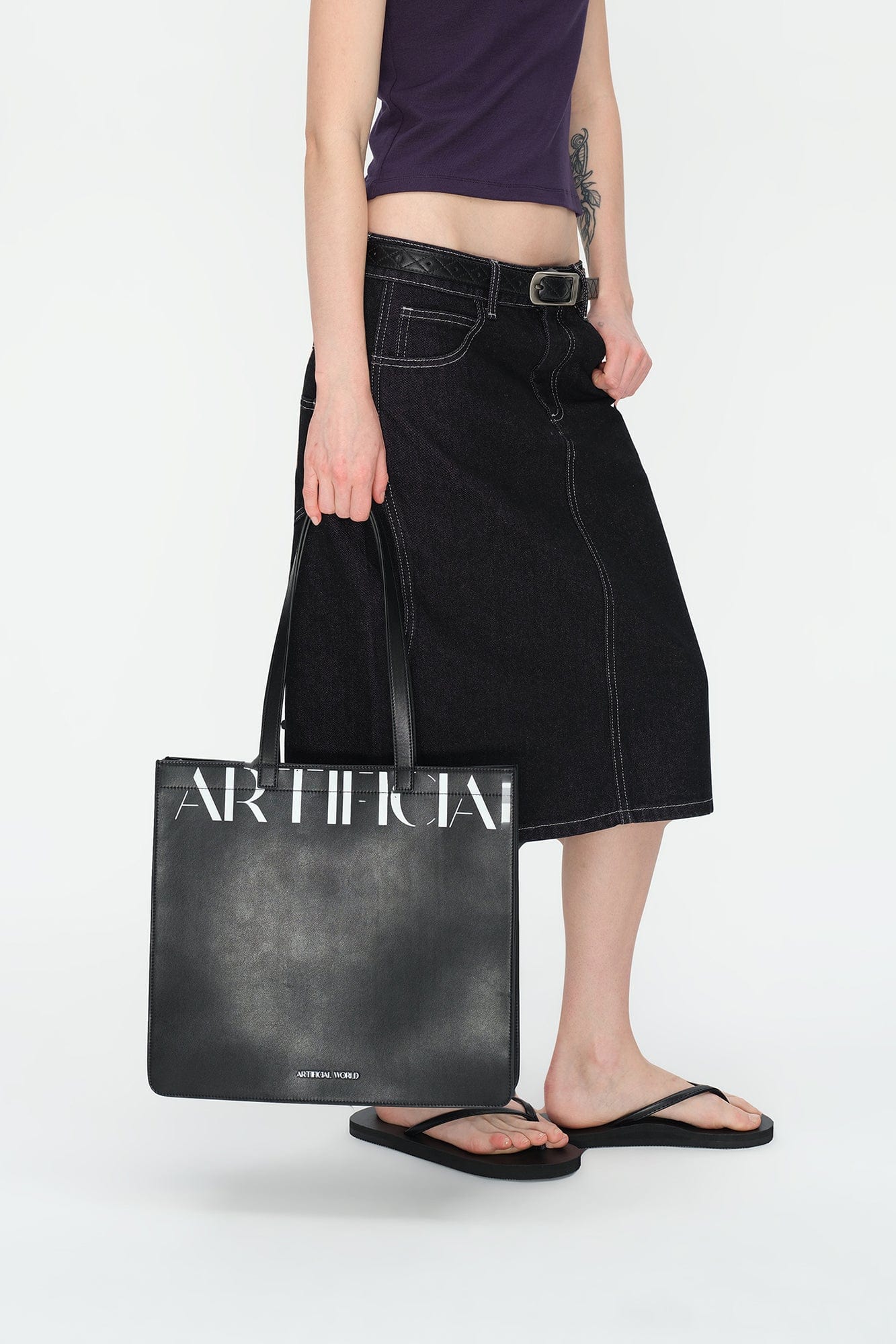 ARTIFICIAL WORLD Logo Graphic Leather Tote Bag, premium urban and streetwear designers apparel on PROJECTISR.com, ARTIFICIAL WORLD