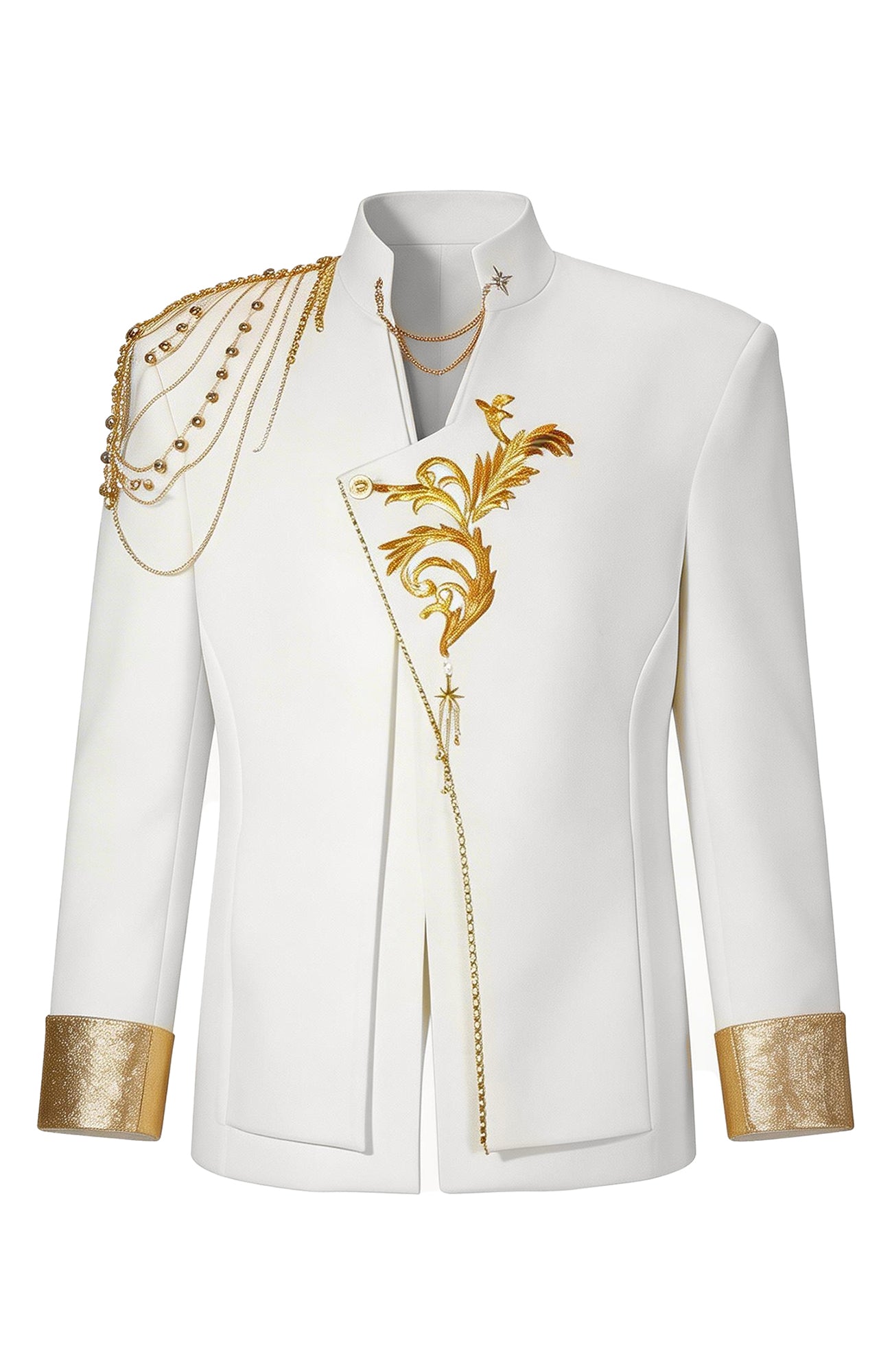 SHANG JIE Asymmetrical Placket Chain-Draped Embroidered Blazer, premium urban and streetwear designers apparel on PROJECTISR.com, SHANG JIE