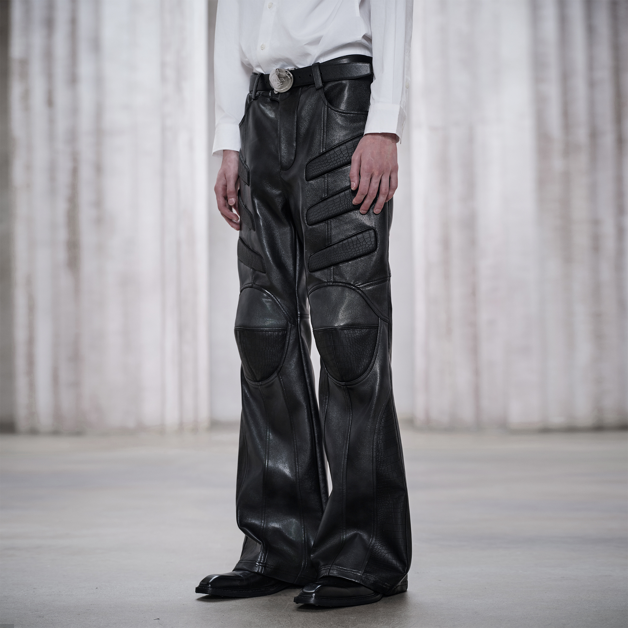 FACEONLAB Panel Armored Faux Leather Biker Pants Black, premium urban and streetwear designers apparel on PROJECTISR.com, FACEONLAB