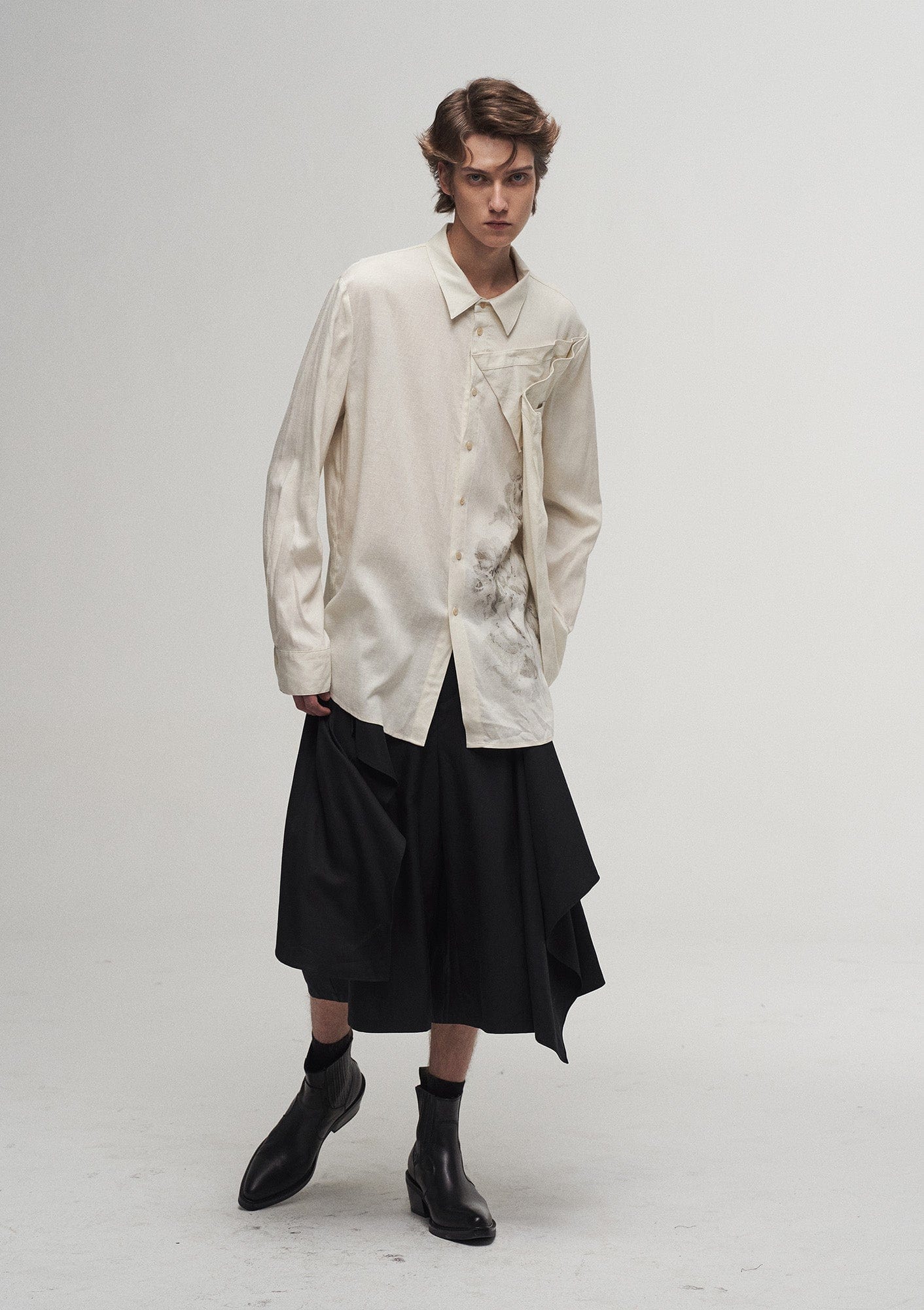 ILNya Nieternite Nifutur Asymmetric Floral Folded Drape Panel Shirt, premium urban and streetwear designers apparel on PROJECTISR.com, ILNya Nieternite Nifutur