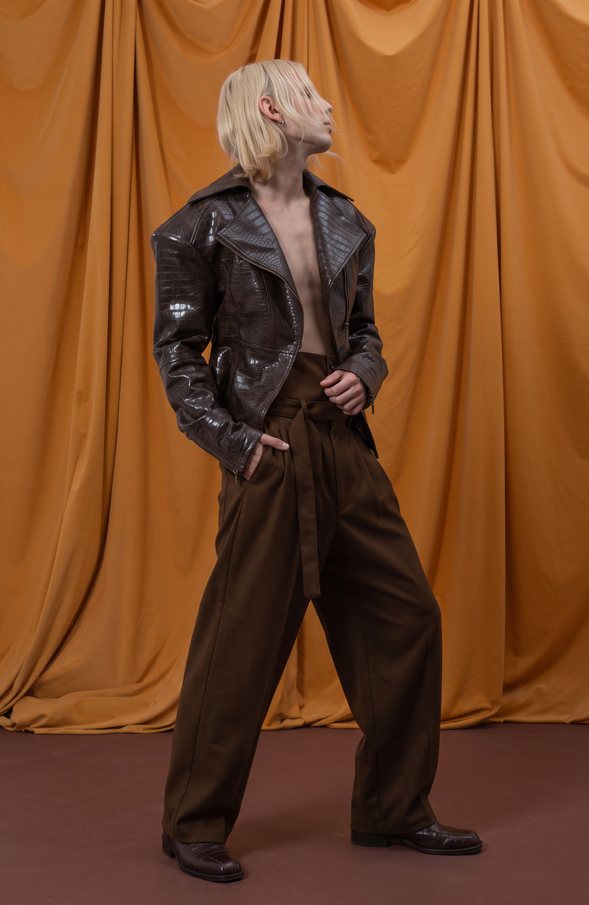 CLP Retro Croc-Embossed Cinched-Waist Biker Jacket