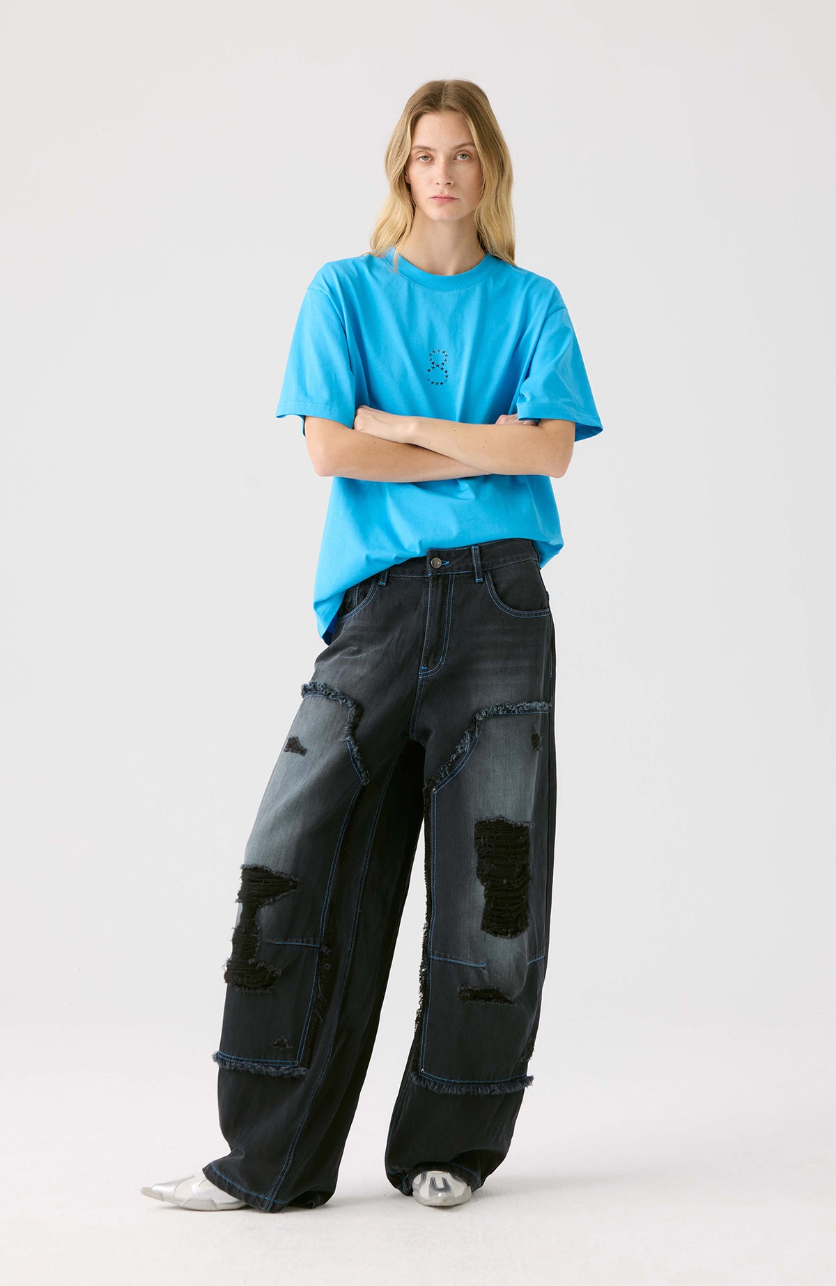 HAHAHA STUDIOS Distressed Washed Wide-Leg Jeans