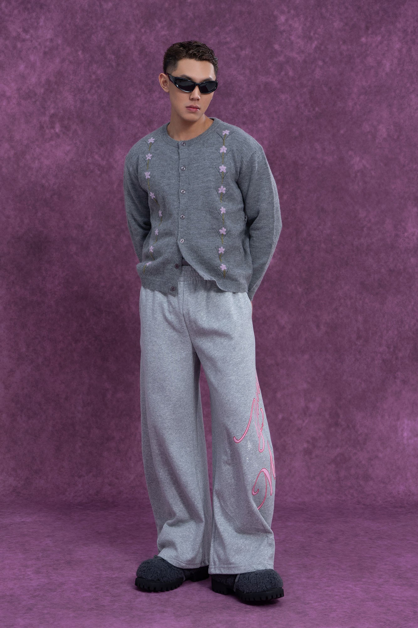 CLP Embroidered Floral Line Wool-Blend Cardigan