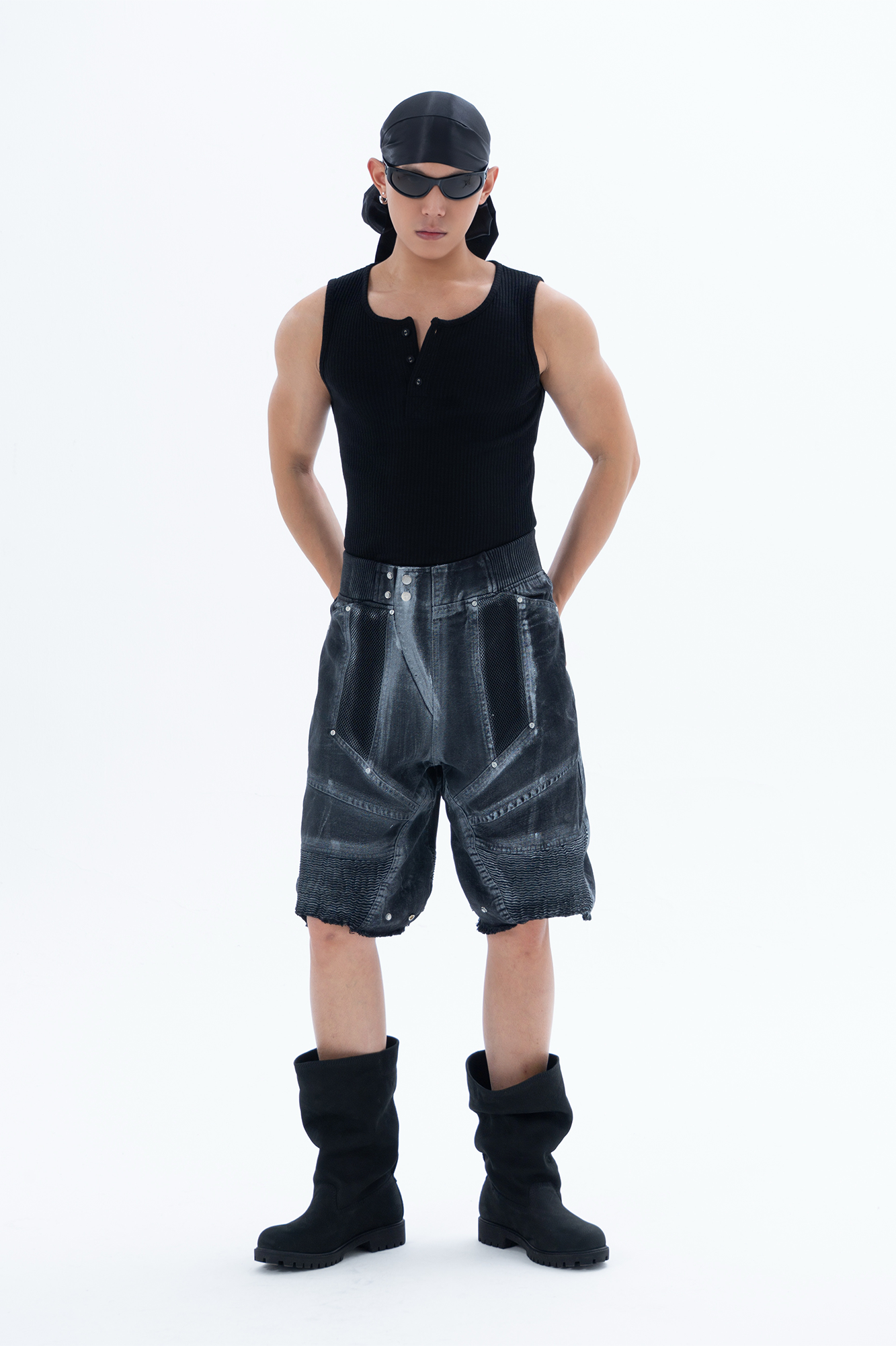 CLP Ribbed Paneled Wide-Leg Denim Shorts