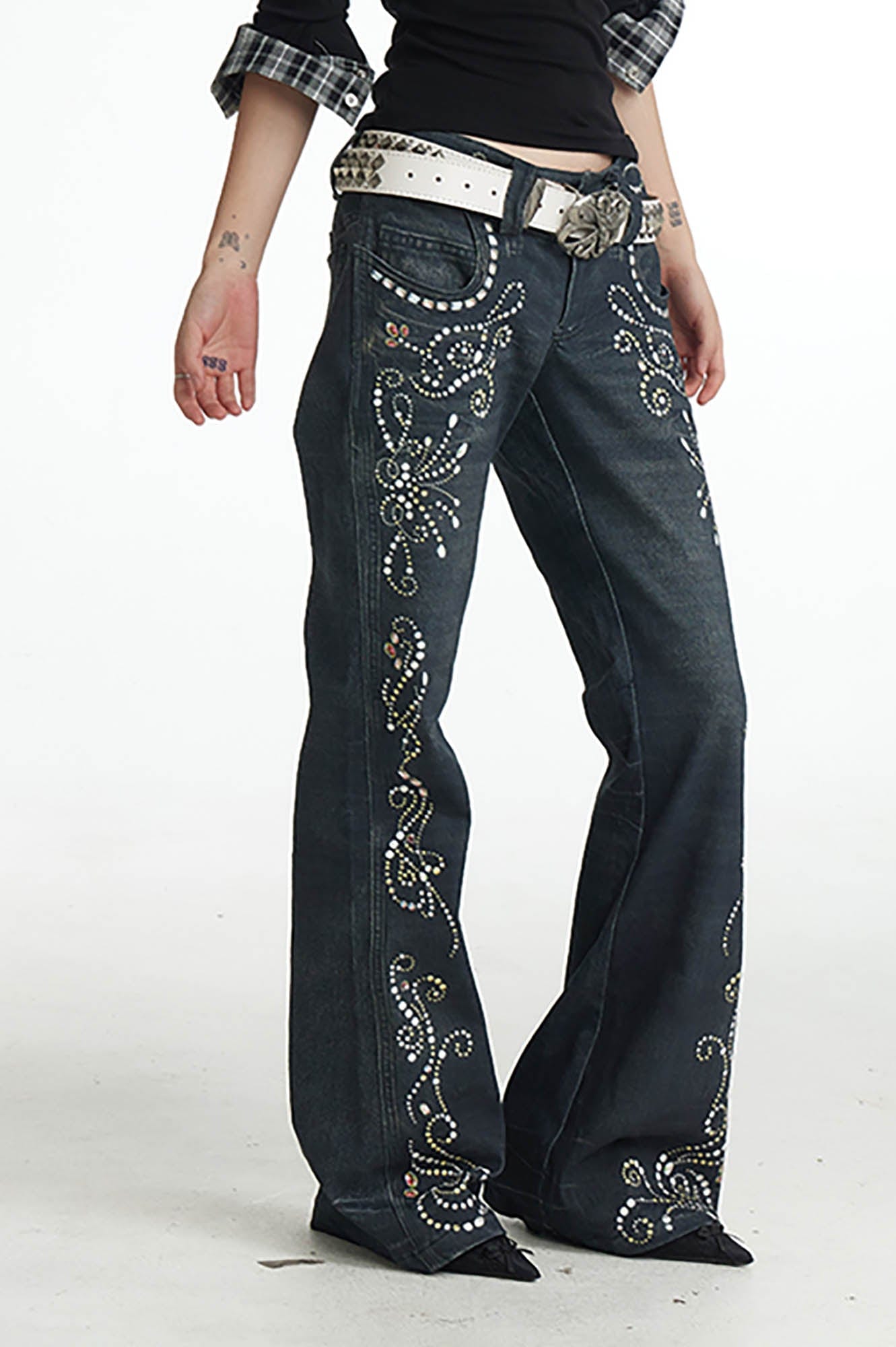 DND4DES Retro Gemstone Graphics Flared Jeans, premium urban and streetwear designers apparel on PROJECTISR.com, DND4DES