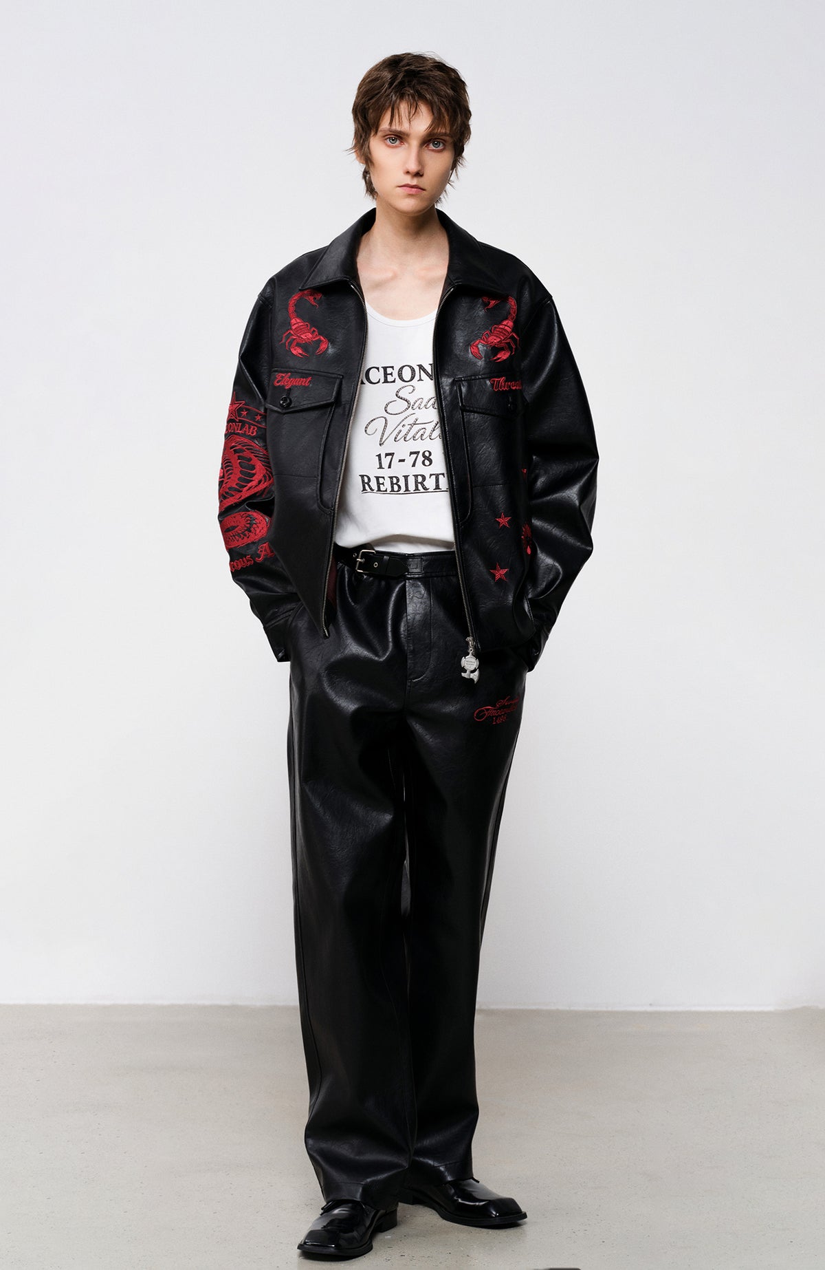 FACEONLAB Embroidered Faux Leather Jacket