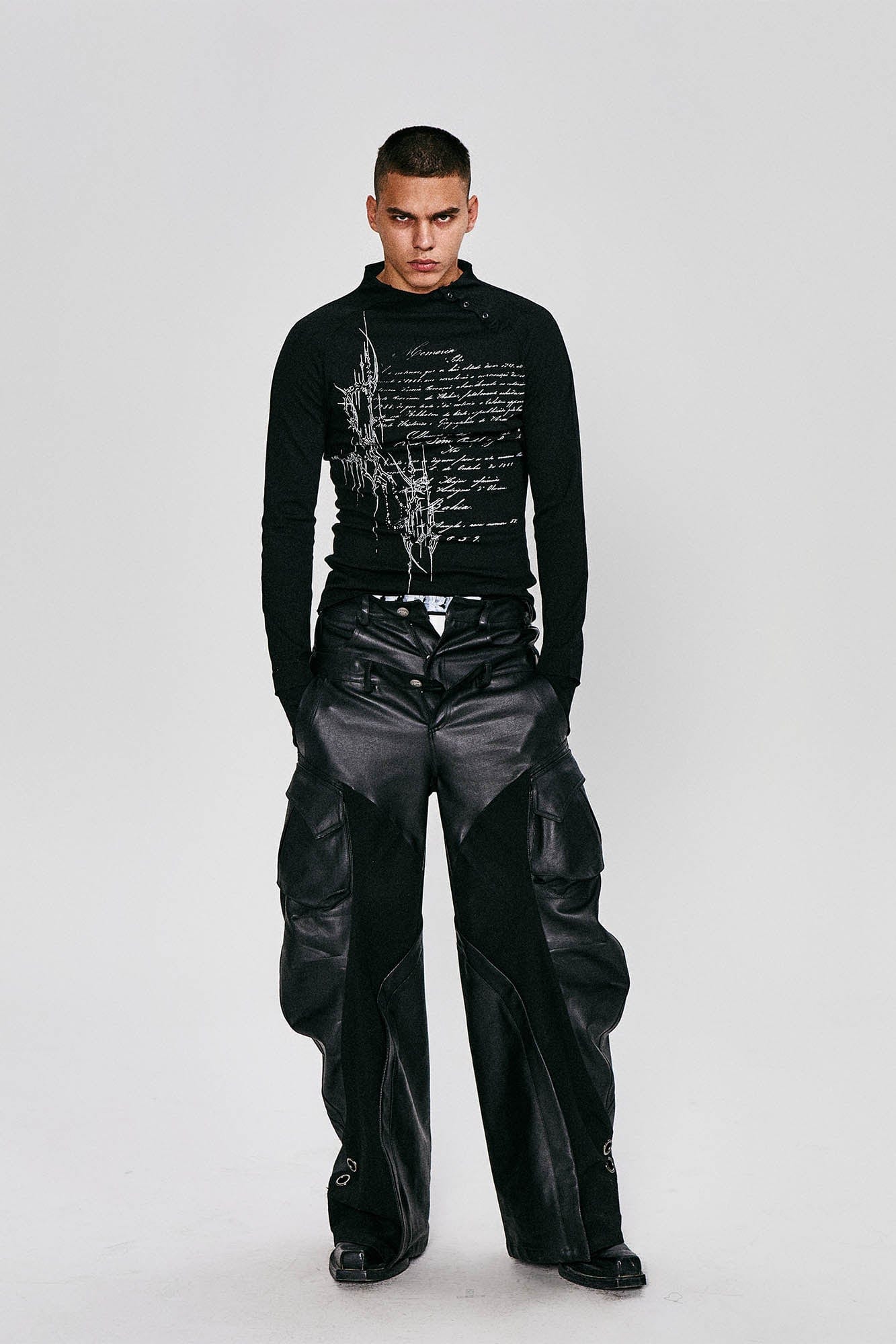 FLYERRER Gothic Script Graphic Asymmetrical Button Long-Sleeve Tee, premium urban and streetwear designers apparel on PROJECTISR.com, FLYERRER