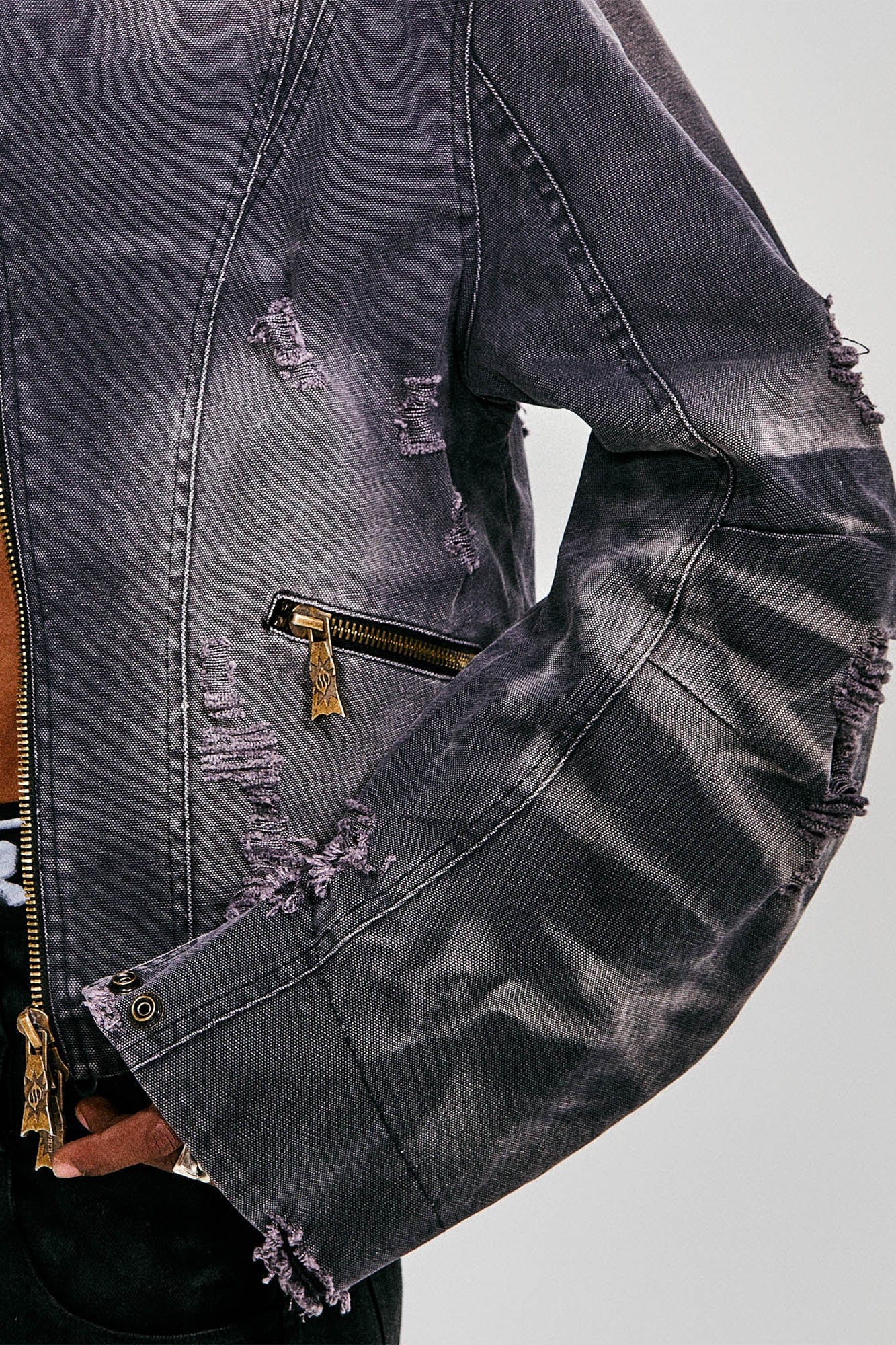 FLYERRER Distressed Curved Spliced Jacket Grey, premium urban and streetwear designers apparel on PROJECTISR.com, FLYERRER