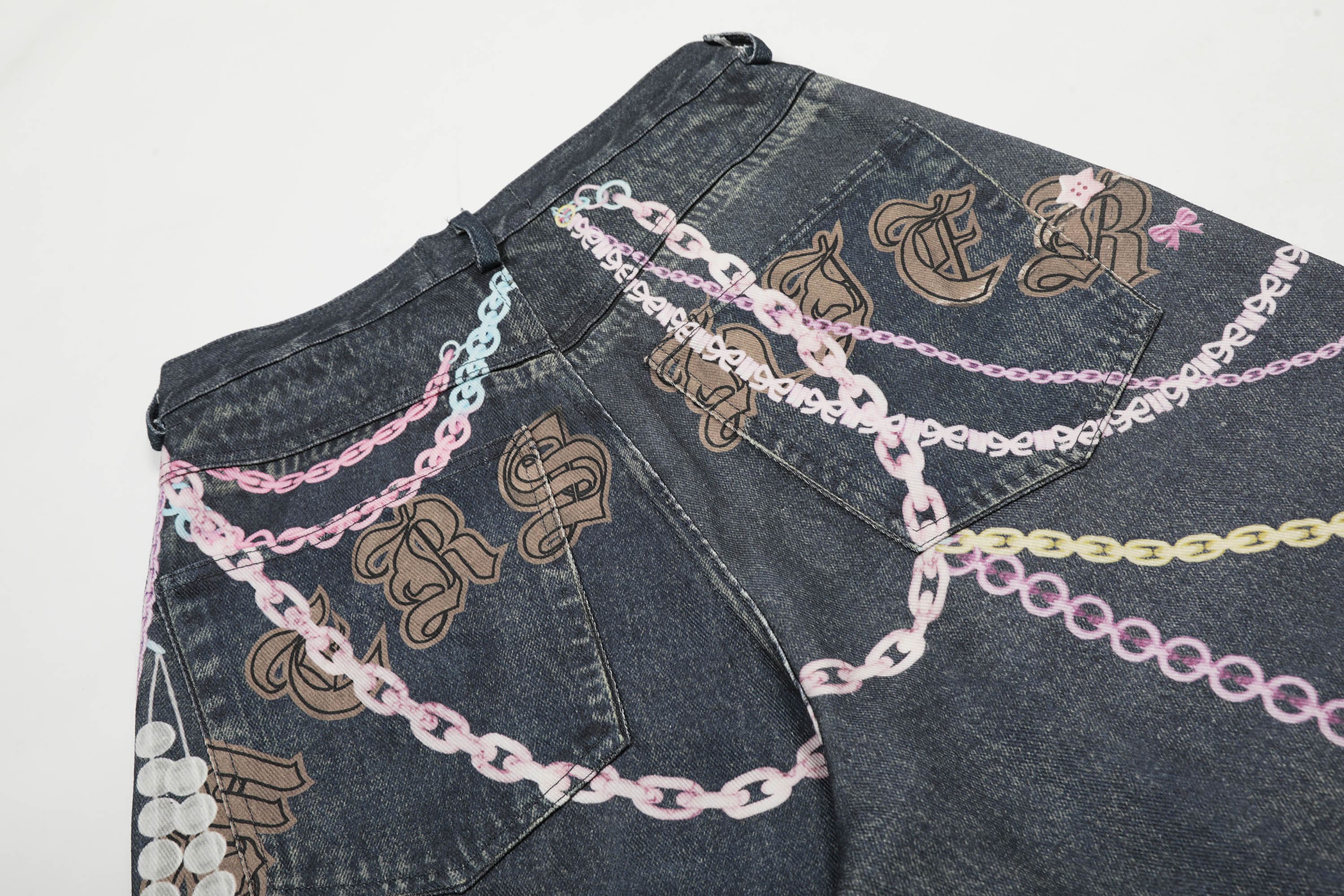 CLP Beaded Chain Graphics Wide-Leg Denim Shorts, premium urban and streetwear designers apparel on PROJECTISR.com, CLP