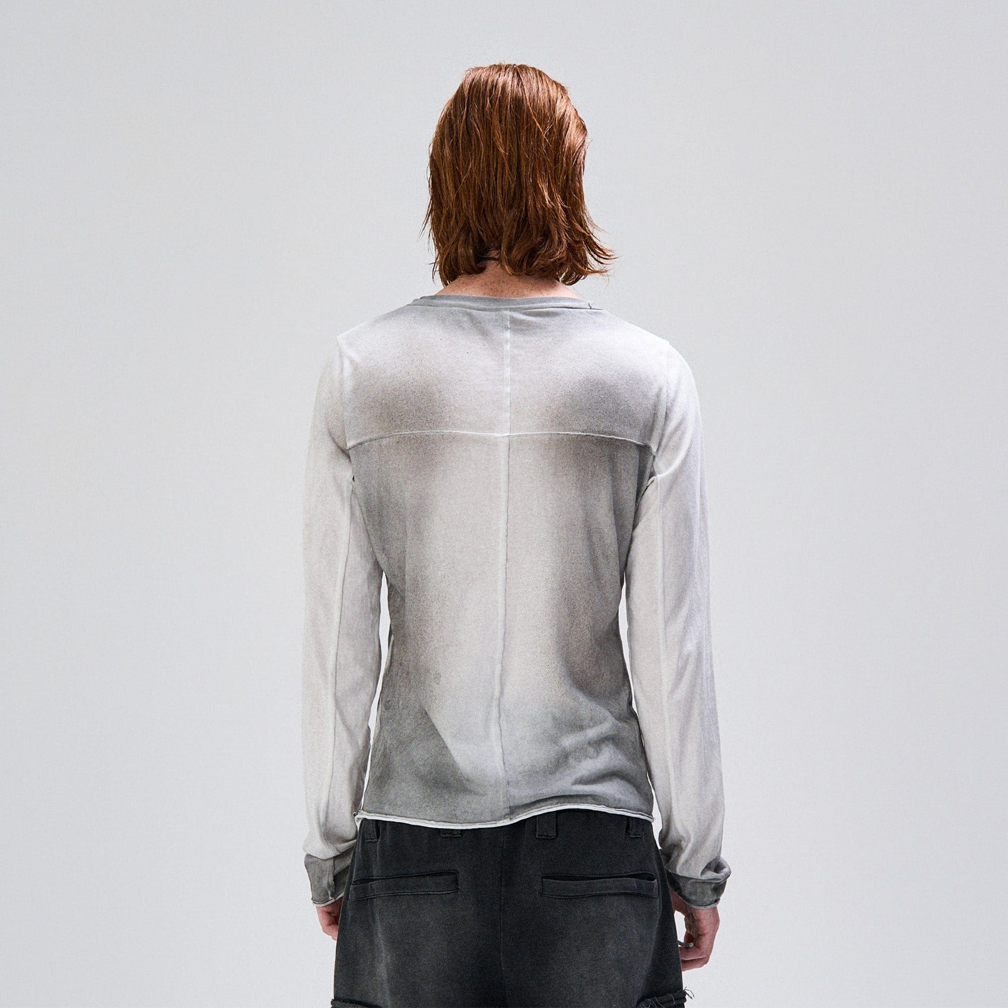 FLYERRER Washed Gradient Cross-Panel Raw-Edge Long-Sleeve Tee, premium urban and streetwear designers apparel on PROJECTISR.com, FLYERRER