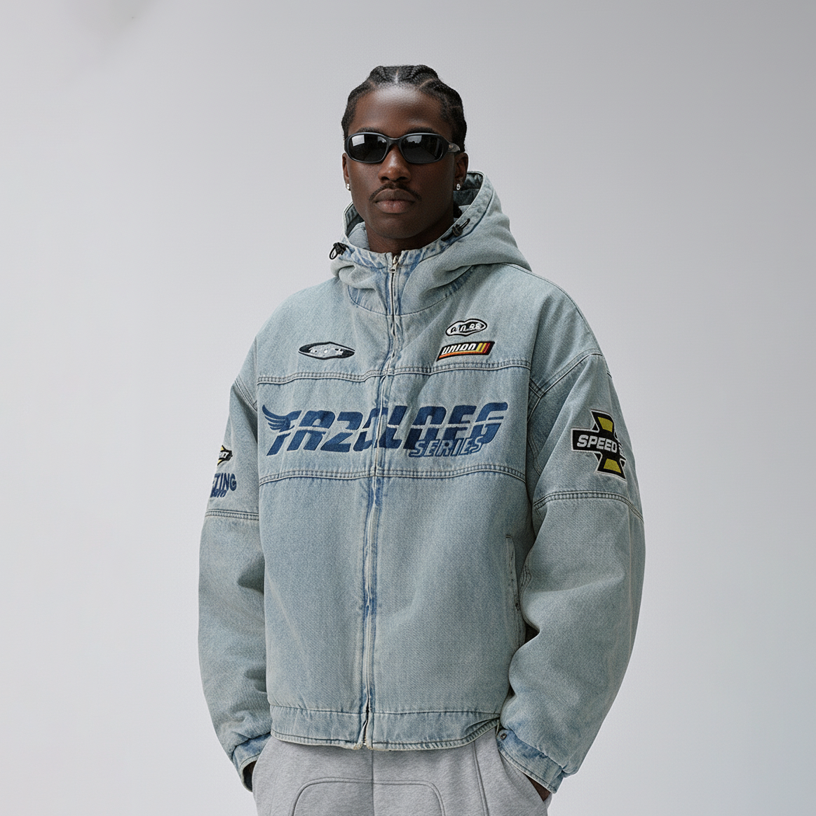 F2CE Washed Racing Patch Denim Hooded Puffer