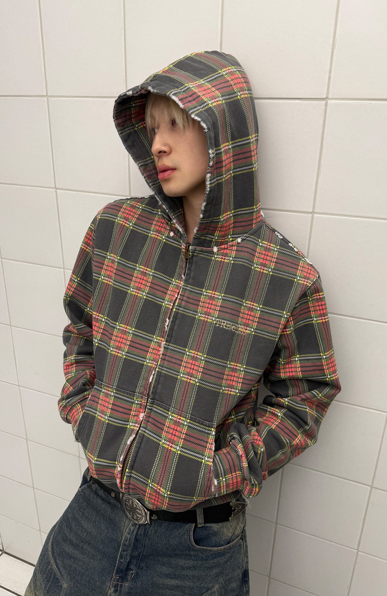 TRECLUB Distressed Plaid Zip-Up Hoodie, premium urban and streetwear designers apparel on PROJECTISR.com, TRECLUB